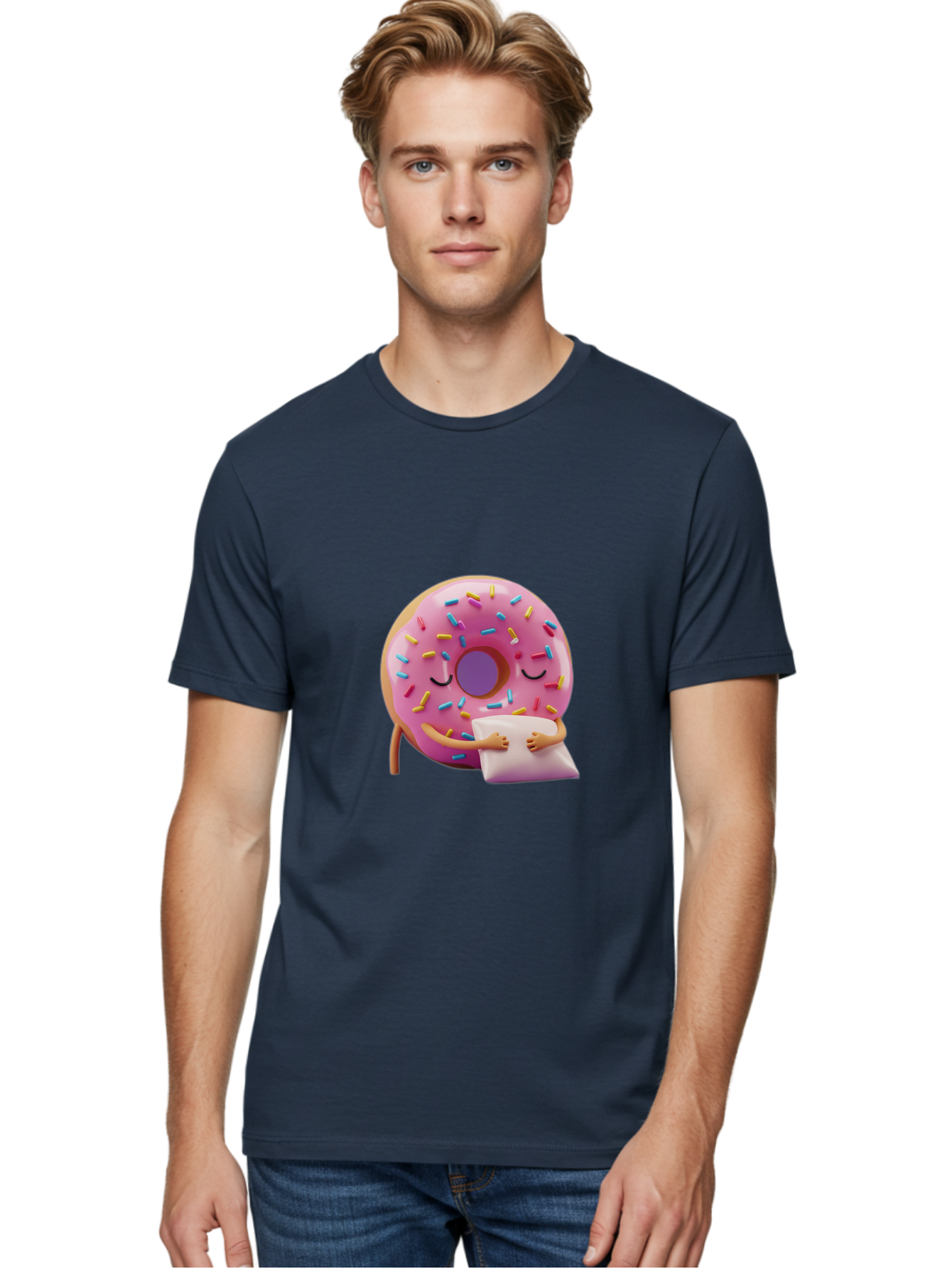Donut-Character Men'S Graphic Tee, 100% Cotton, Comfortable Casual Summer Wear, Machine Washable, Donut With Sprinkles, Sleeping Donut, Cute Cartoon Character, Pink Donut, Sweet Treat, Relaxing Donut, Donut With Arms, Dreamy Dessert, Baa502