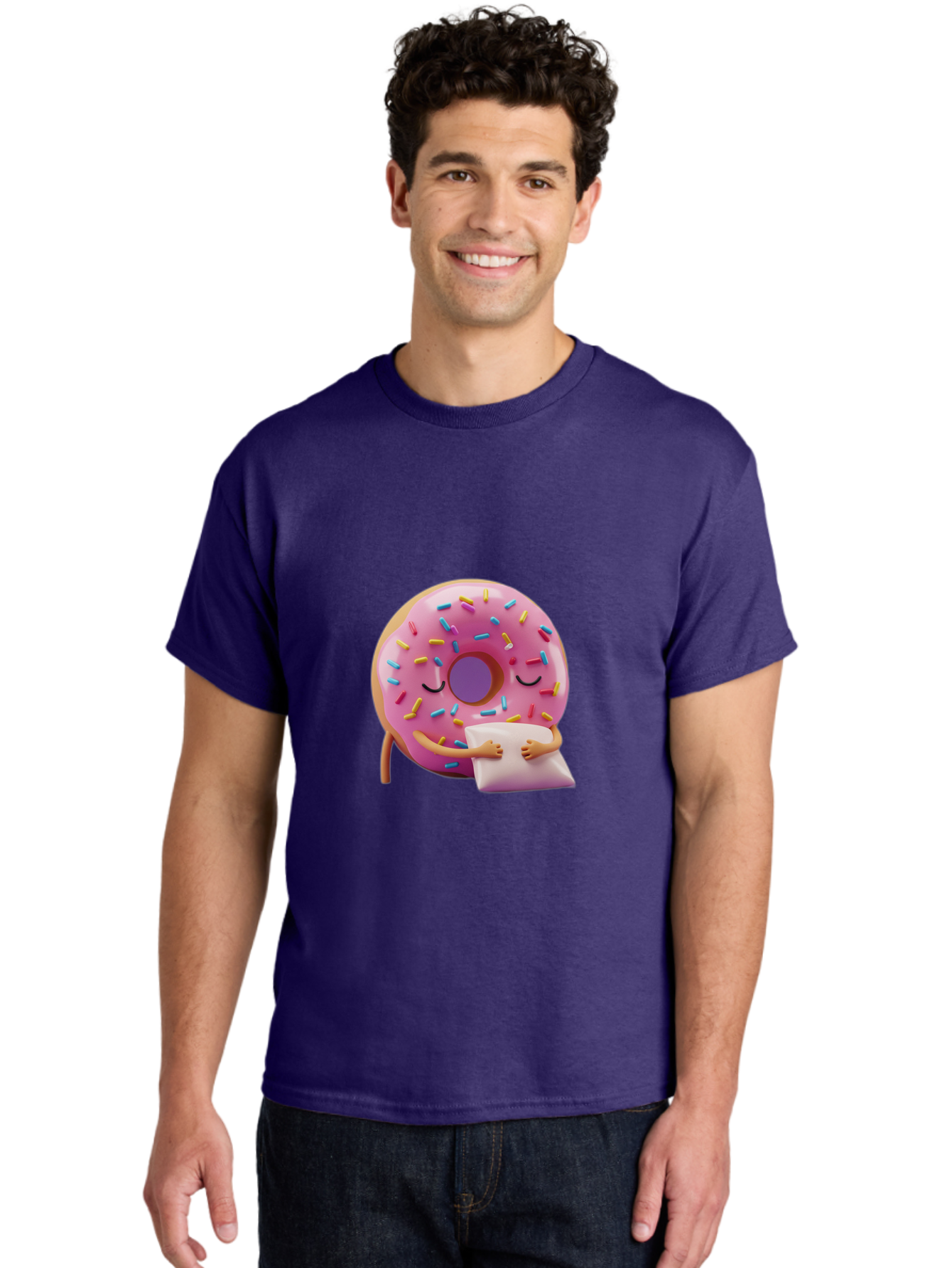 Donut-Character Men'S Graphic Tee, 100% Cotton, Comfortable Casual Summer Wear, Machine Washable, Donut With Sprinkles, Sleeping Donut, Cute Cartoon Character, Pink Donut, Sweet Treat, Relaxing Donut, Donut With Arms, Dreamy Dessert, Baa502