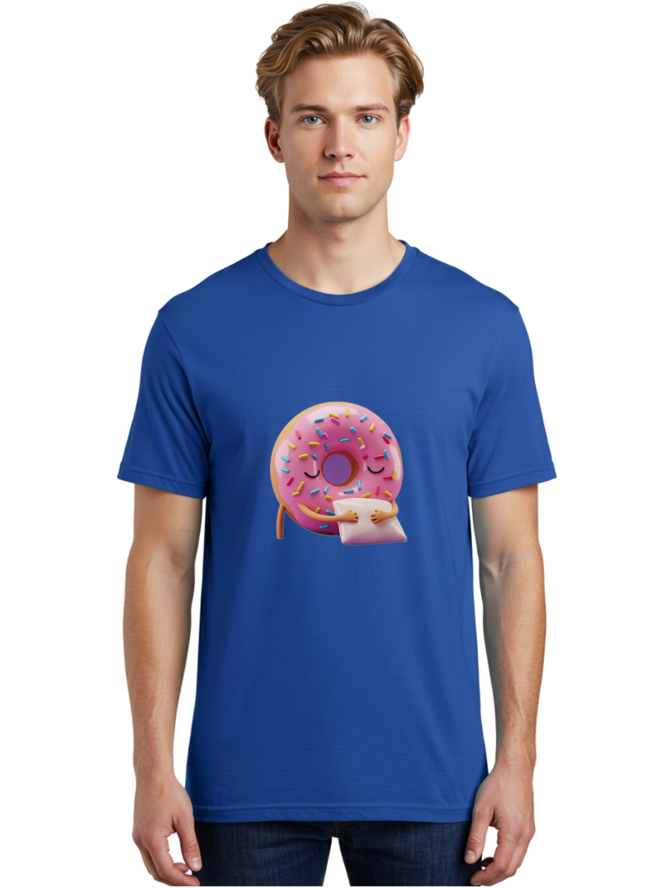 Donut-Character Men'S Graphic Tee, 100% Cotton, Comfortable Casual Summer Wear, Machine Washable, Donut With Sprinkles, Sleeping Donut, Cute Cartoon Character, Pink Donut, Sweet Treat, Relaxing Donut, Donut With Arms, Dreamy Dessert, Baa502