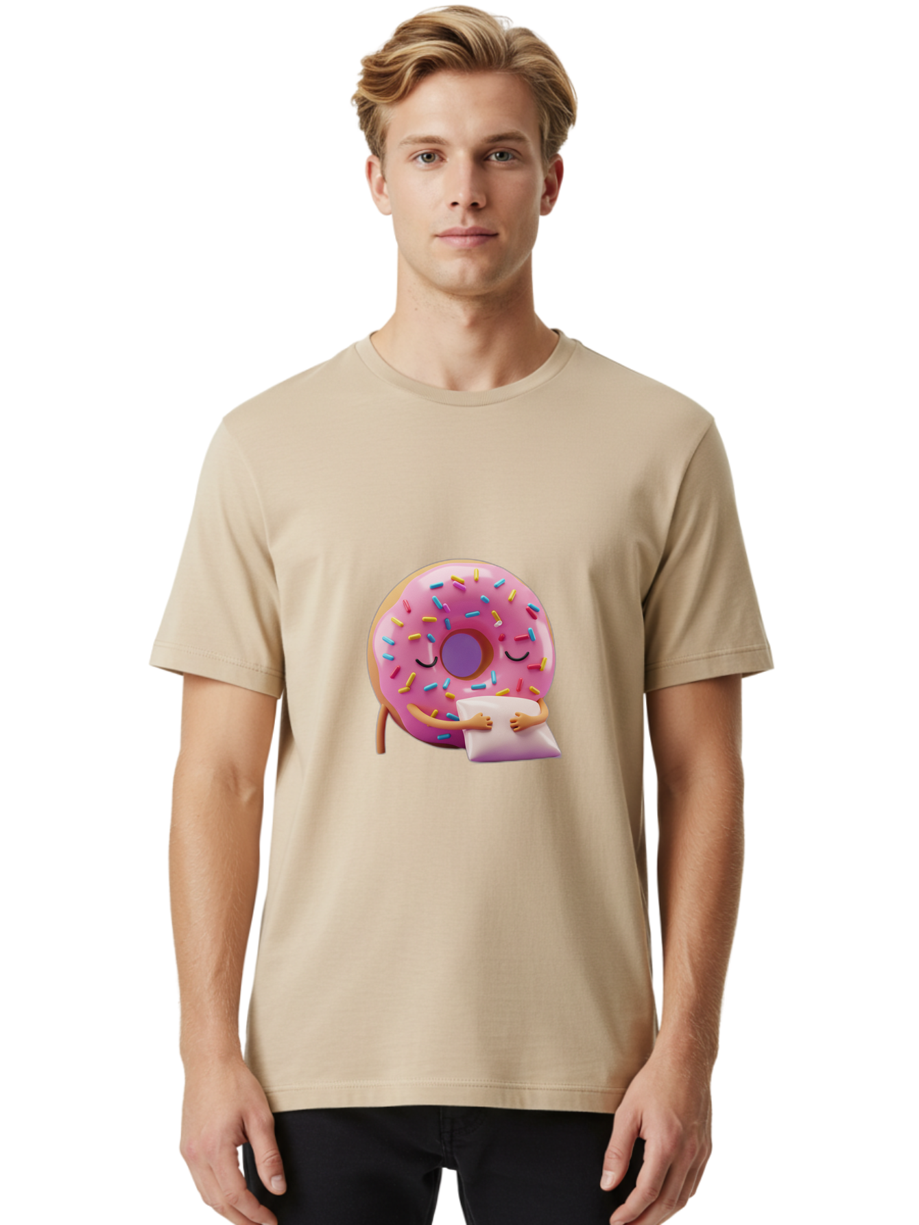 Donut-Character Men'S Graphic Tee, 100% Cotton, Comfortable Casual Summer Wear, Machine Washable, Donut With Sprinkles, Sleeping Donut, Cute Cartoon Character, Pink Donut, Sweet Treat, Relaxing Donut, Donut With Arms, Dreamy Dessert, Baa502