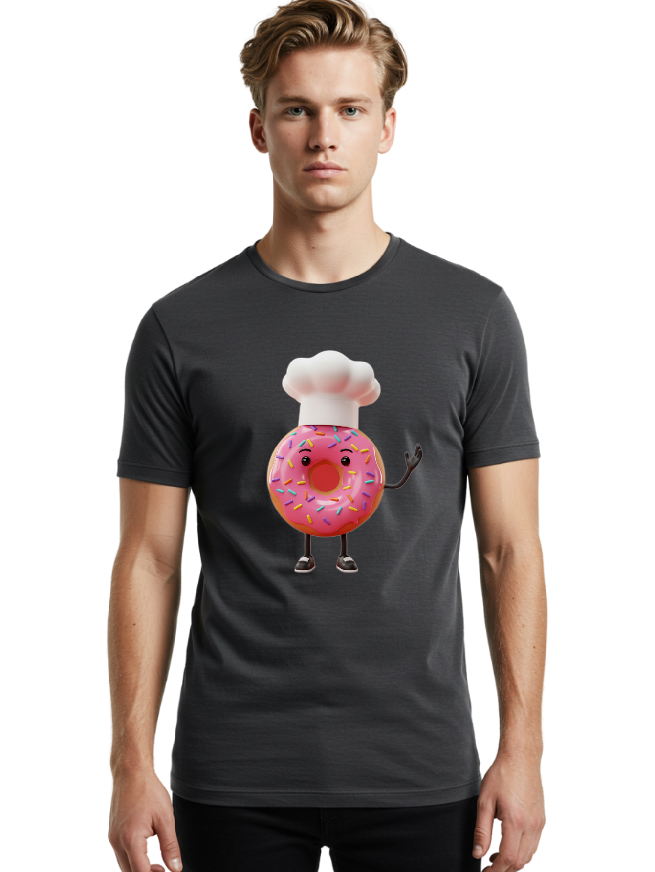 Donut-Chef Men'S Graphic Tee, 100% Cotton, Comfortable Casual Summer Wear, Machine Washable, Pink Donut With Sprinkles, Chef Hat, Cartoon Character, Sweet Treat, Bakery Illustration, 3D Rendering, Colorful Pastel, Playful Design, Baa503