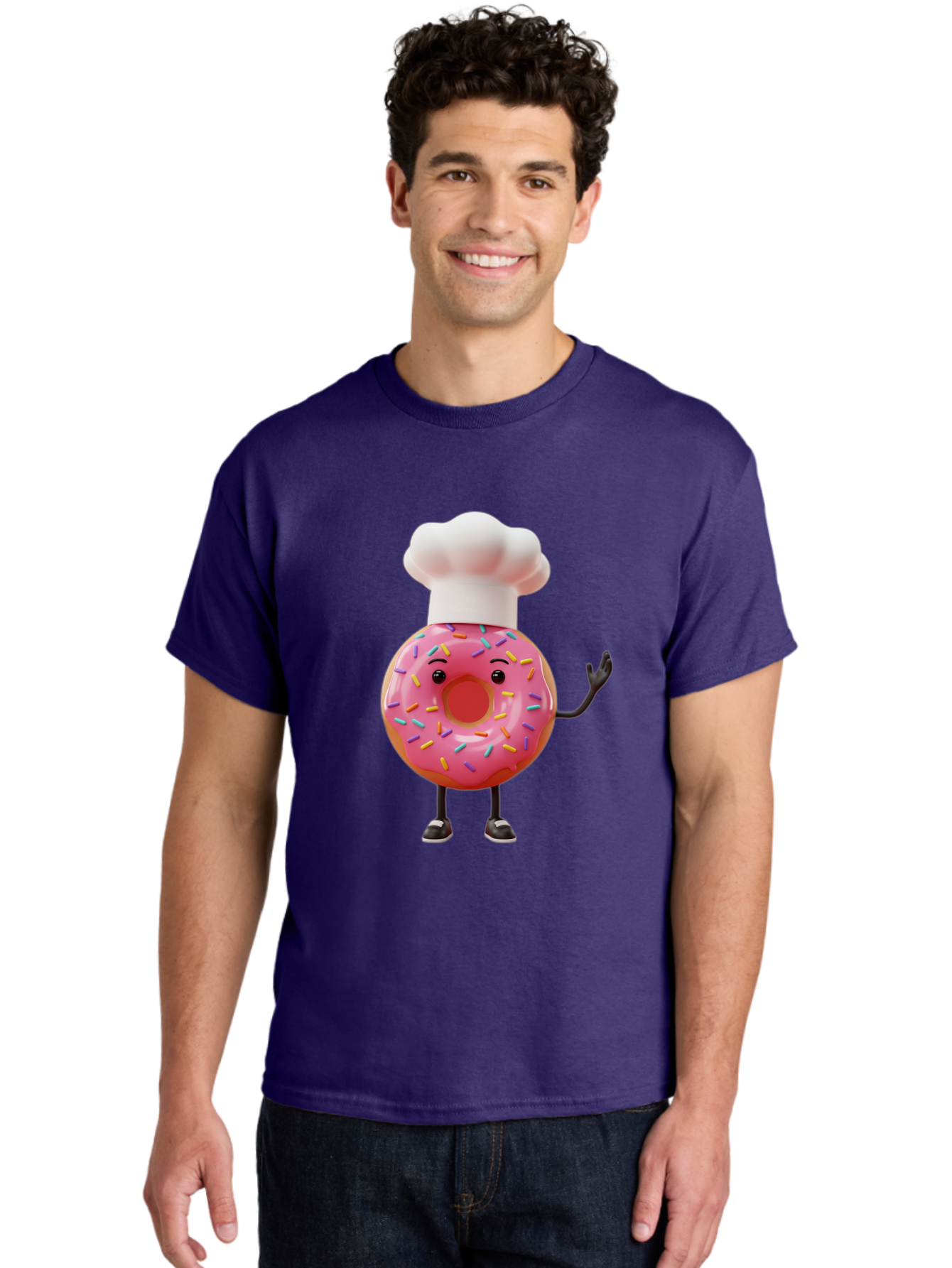 Donut-Chef Men'S Graphic Tee, 100% Cotton, Comfortable Casual Summer Wear, Machine Washable, Pink Donut With Sprinkles, Chef Hat, Cartoon Character, Sweet Treat, Bakery Illustration, 3D Rendering, Colorful Pastel, Playful Design, Baa503