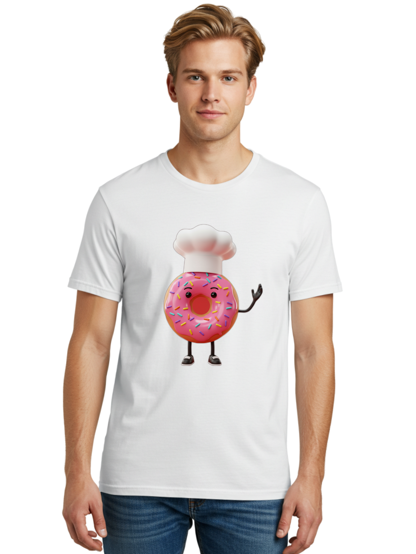 Donut-Chef Men'S Graphic Tee, 100% Cotton, Comfortable Casual Summer Wear, Machine Washable, Pink Donut With Sprinkles, Chef Hat, Cartoon Character, Sweet Treat, Bakery Illustration, 3D Rendering, Colorful Pastel, Playful Design, Baa503