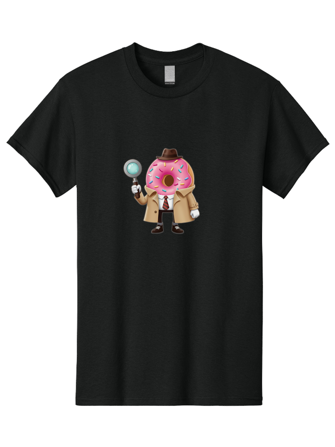 Donut-Detective Men'S Graphic Tee, 100% Cotton, Comfortable Casual Summer Wear, Machine Washable, Detective Donut, Pink Frosted Donut, Sprinkles, Magnifying Glass, Detective Clothes, Trench Coat, Fedora Hat, Cartoon Character, Mystery Solving, Baa504