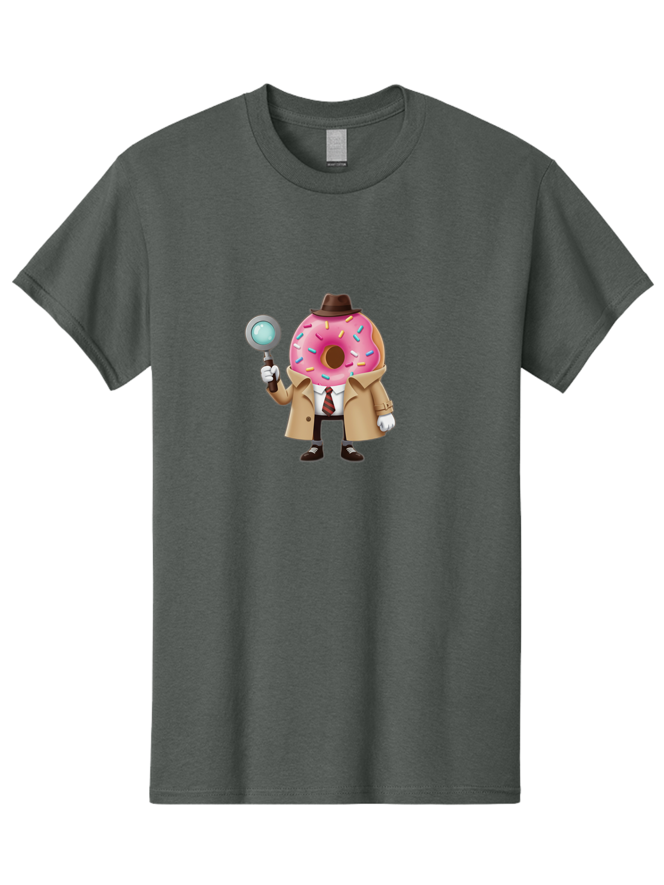 Donut-Detective Men'S Graphic Tee, 100% Cotton, Comfortable Casual Summer Wear, Machine Washable, Detective Donut, Pink Frosted Donut, Sprinkles, Magnifying Glass, Detective Clothes, Trench Coat, Fedora Hat, Cartoon Character, Mystery Solving, Baa504