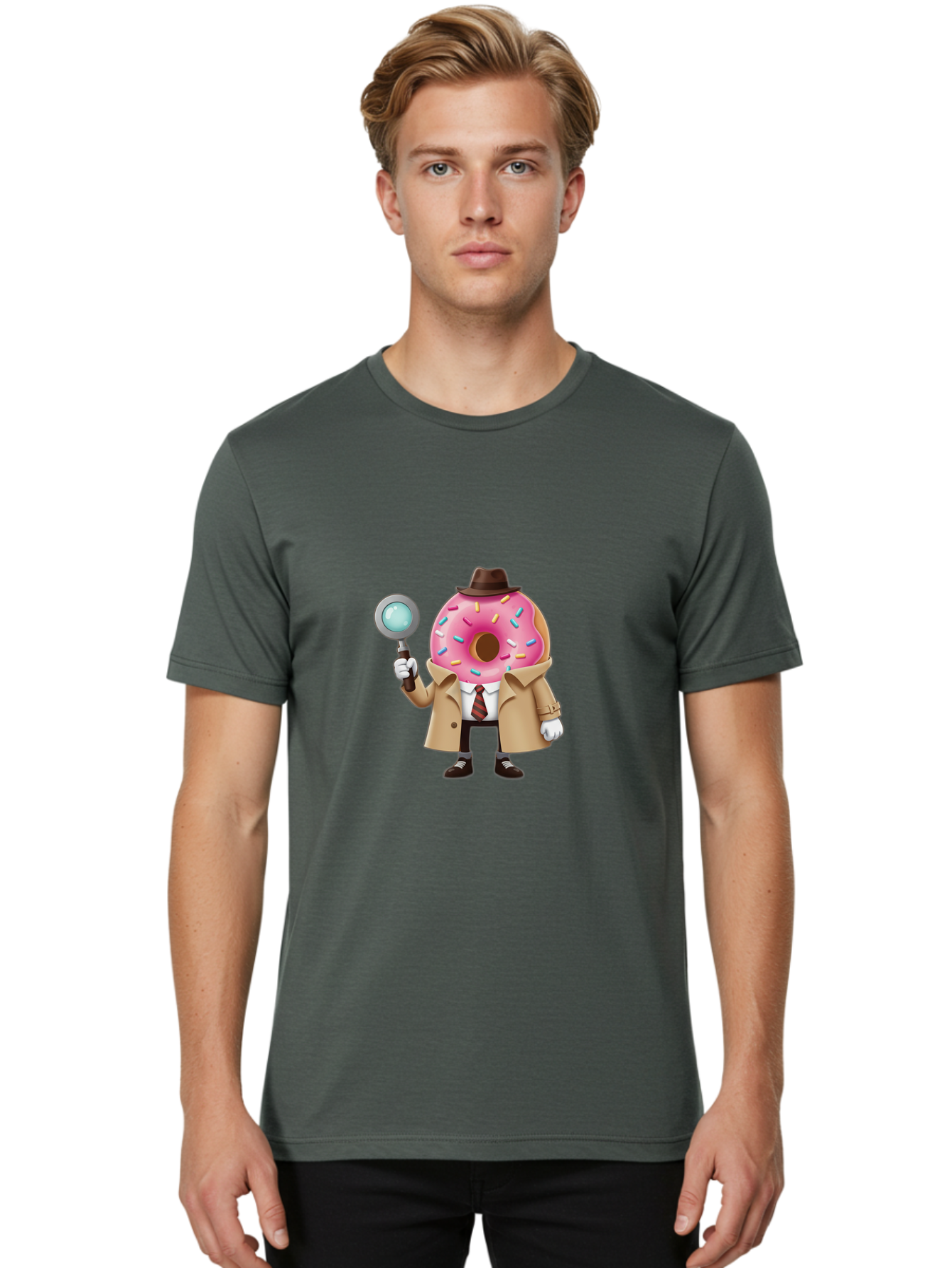 Donut-Detective Men'S Graphic Tee, 100% Cotton, Comfortable Casual Summer Wear, Machine Washable, Detective Donut, Pink Frosted Donut, Sprinkles, Magnifying Glass, Detective Clothes, Trench Coat, Fedora Hat, Cartoon Character, Mystery Solving, Baa504