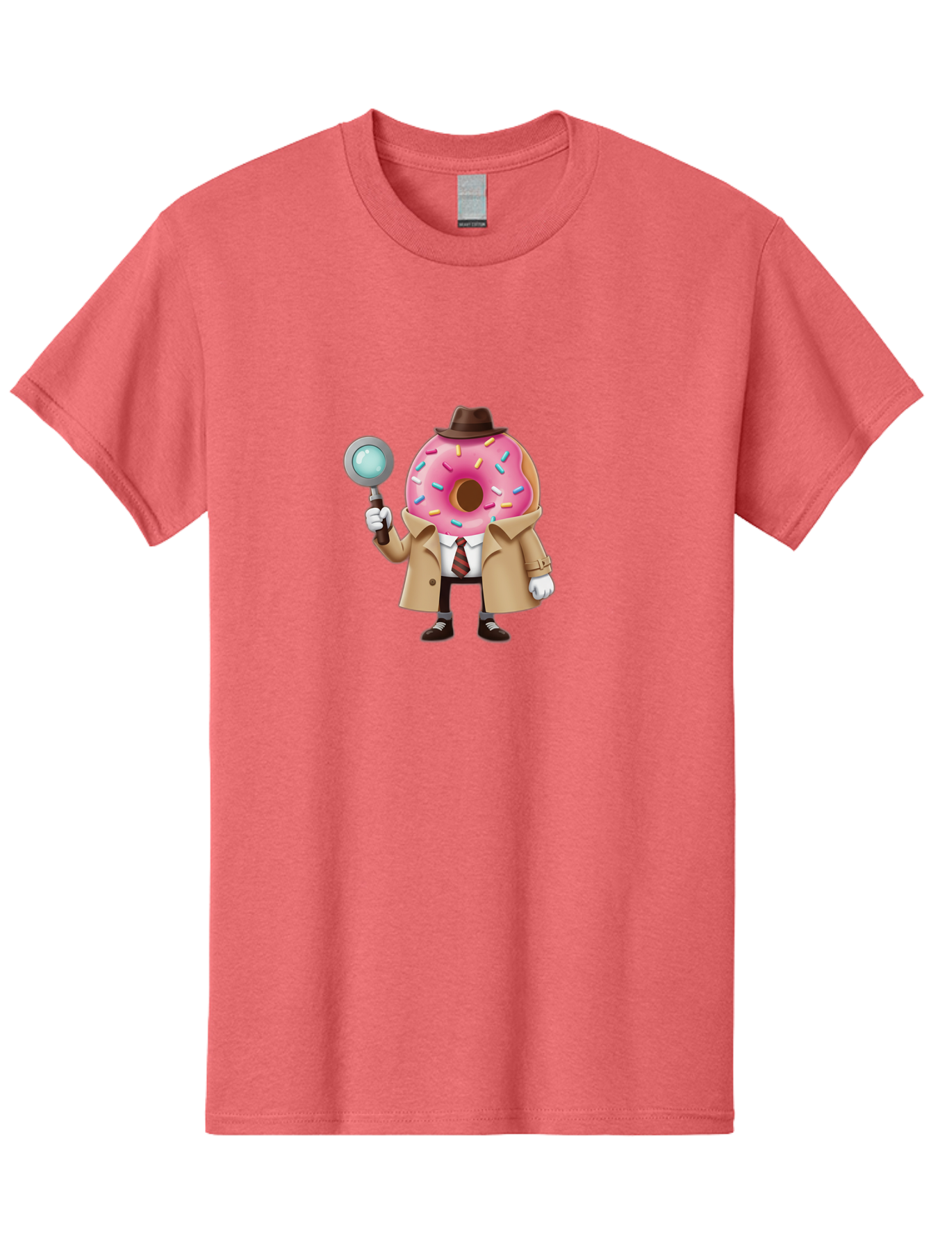 Donut-Detective Men'S Graphic Tee, 100% Cotton, Comfortable Casual Summer Wear, Machine Washable, Detective Donut, Pink Frosted Donut, Sprinkles, Magnifying Glass, Detective Clothes, Trench Coat, Fedora Hat, Cartoon Character, Mystery Solving, Baa504