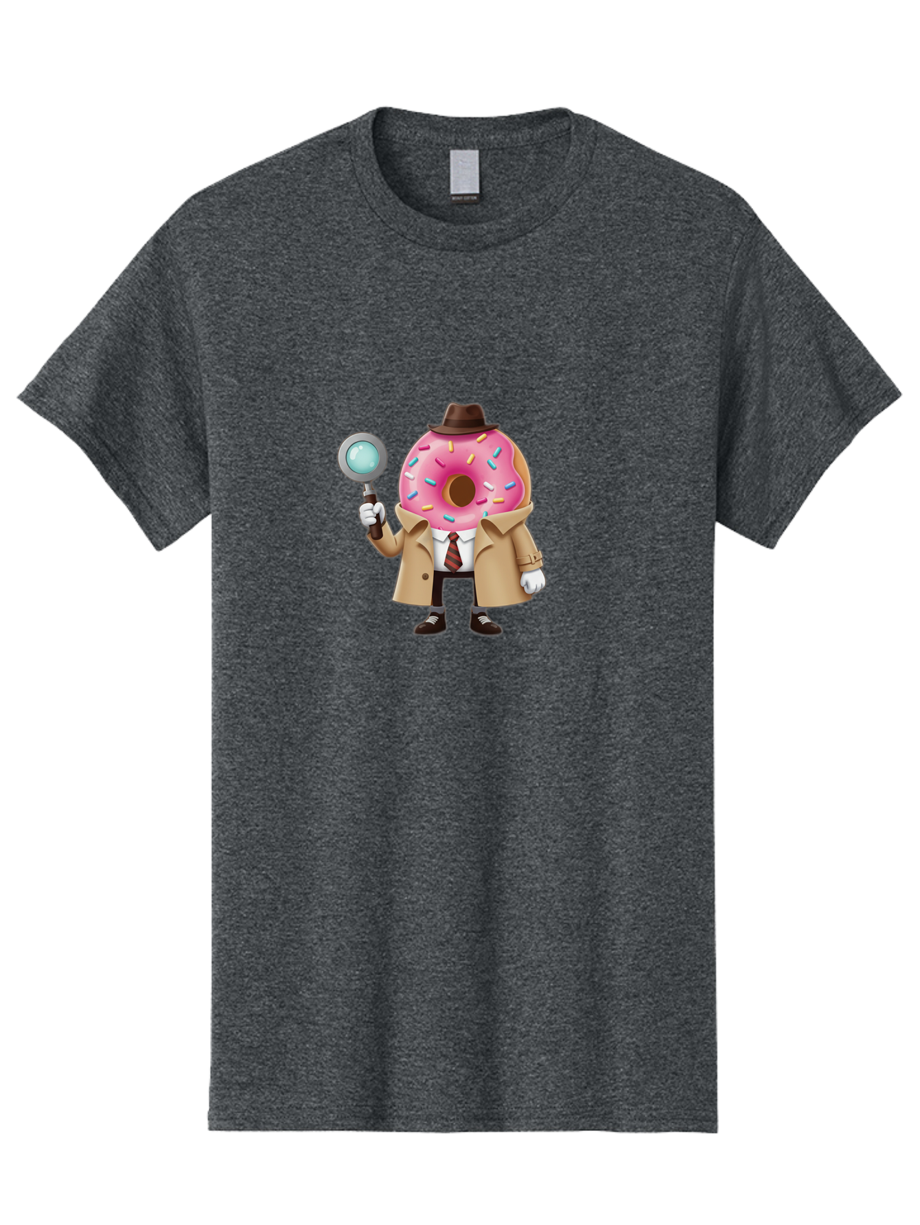 Donut-Detective Men'S Graphic Tee, 100% Cotton, Comfortable Casual Summer Wear, Machine Washable, Detective Donut, Pink Frosted Donut, Sprinkles, Magnifying Glass, Detective Clothes, Trench Coat, Fedora Hat, Cartoon Character, Mystery Solving, Baa504