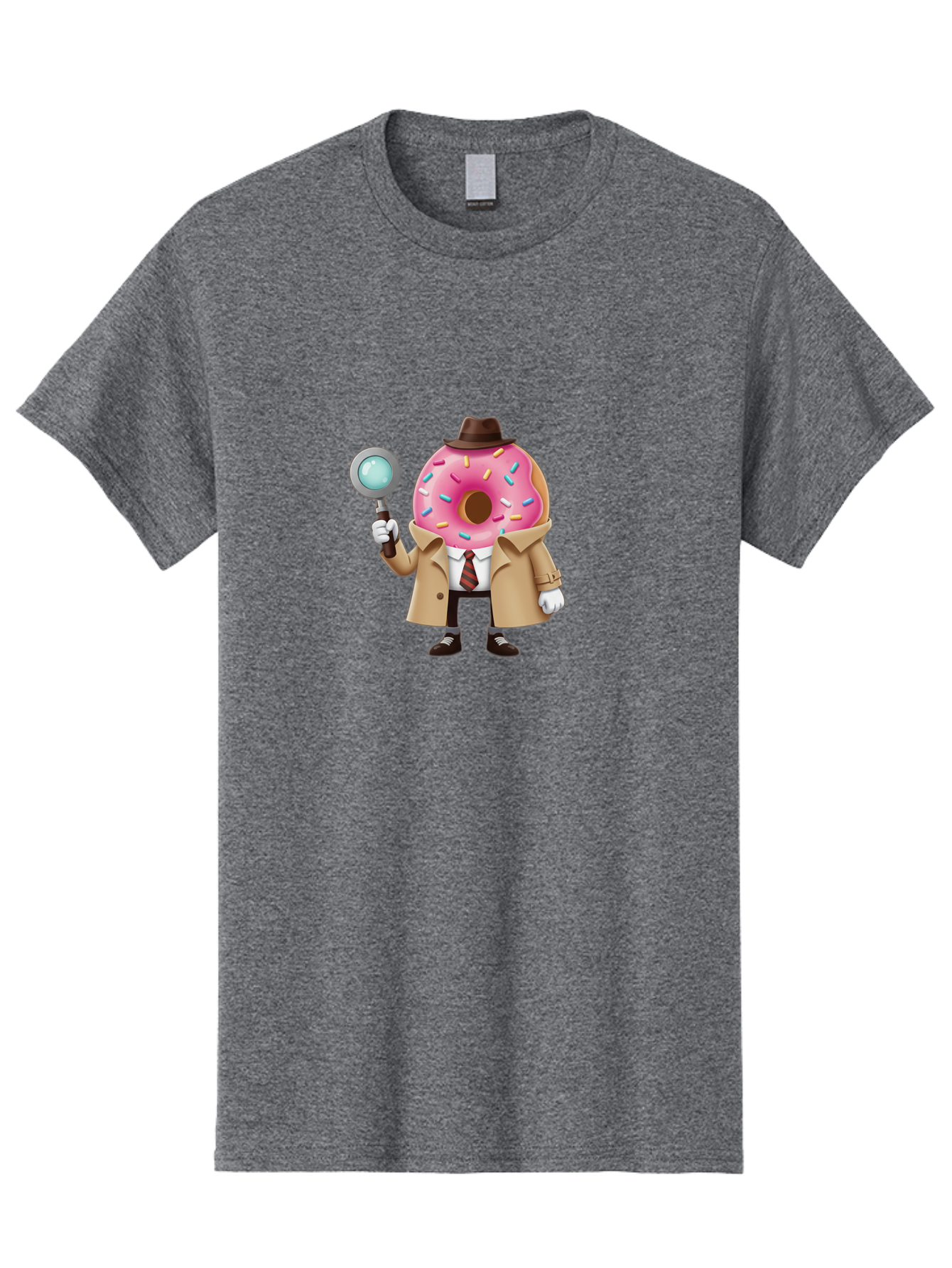 Donut-Detective Men'S Graphic Tee, 100% Cotton, Comfortable Casual Summer Wear, Machine Washable, Detective Donut, Pink Frosted Donut, Sprinkles, Magnifying Glass, Detective Clothes, Trench Coat, Fedora Hat, Cartoon Character, Mystery Solving, Baa504