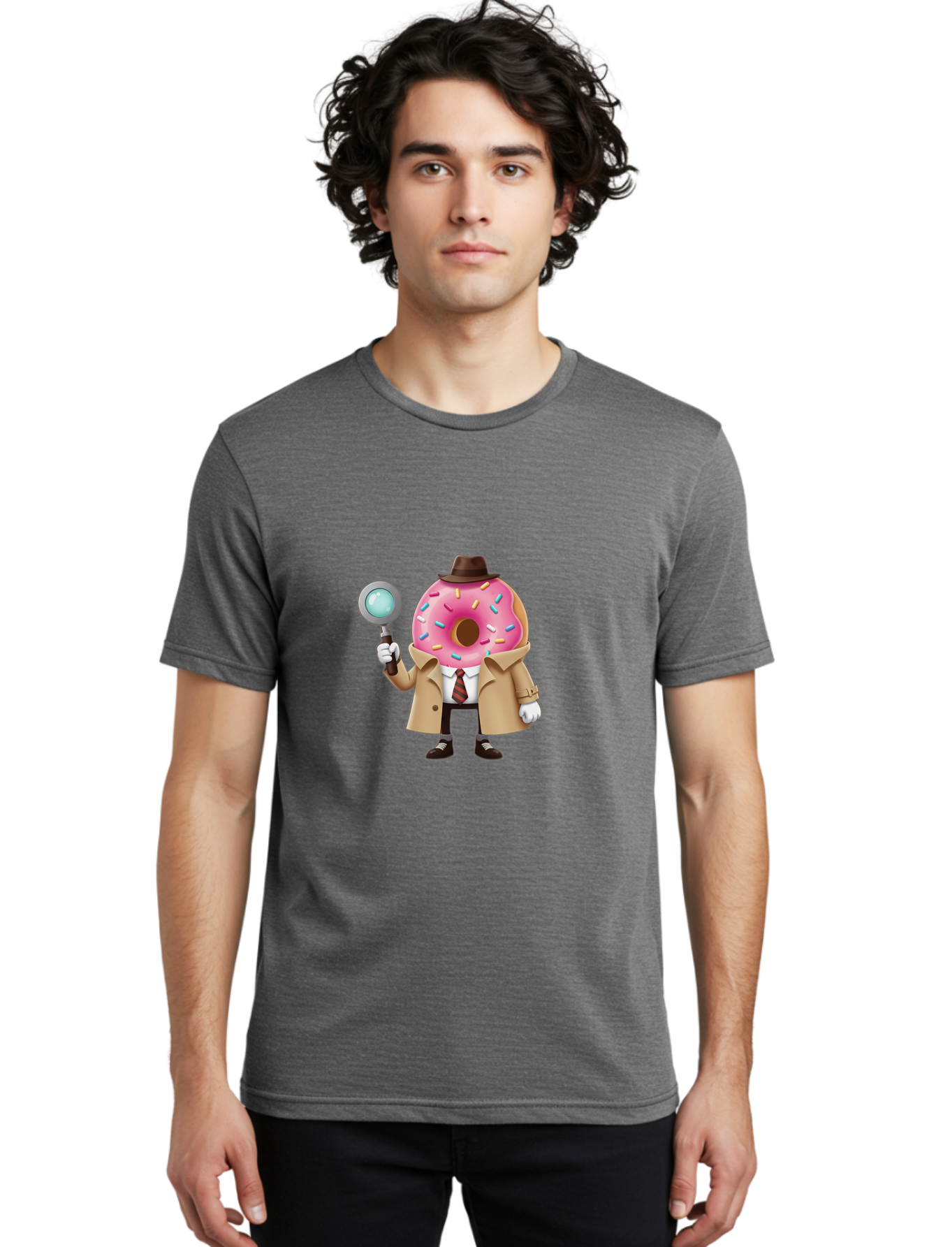 Donut-Detective Men'S Graphic Tee, 100% Cotton, Comfortable Casual Summer Wear, Machine Washable, Detective Donut, Pink Frosted Donut, Sprinkles, Magnifying Glass, Detective Clothes, Trench Coat, Fedora Hat, Cartoon Character, Mystery Solving, Baa504