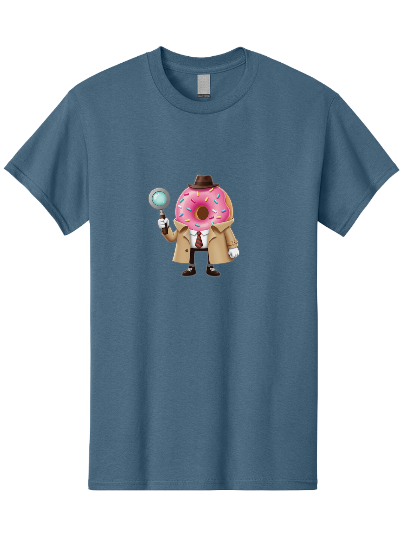Donut-Detective Men'S Graphic Tee, 100% Cotton, Comfortable Casual Summer Wear, Machine Washable, Detective Donut, Pink Frosted Donut, Sprinkles, Magnifying Glass, Detective Clothes, Trench Coat, Fedora Hat, Cartoon Character, Mystery Solving, Baa504