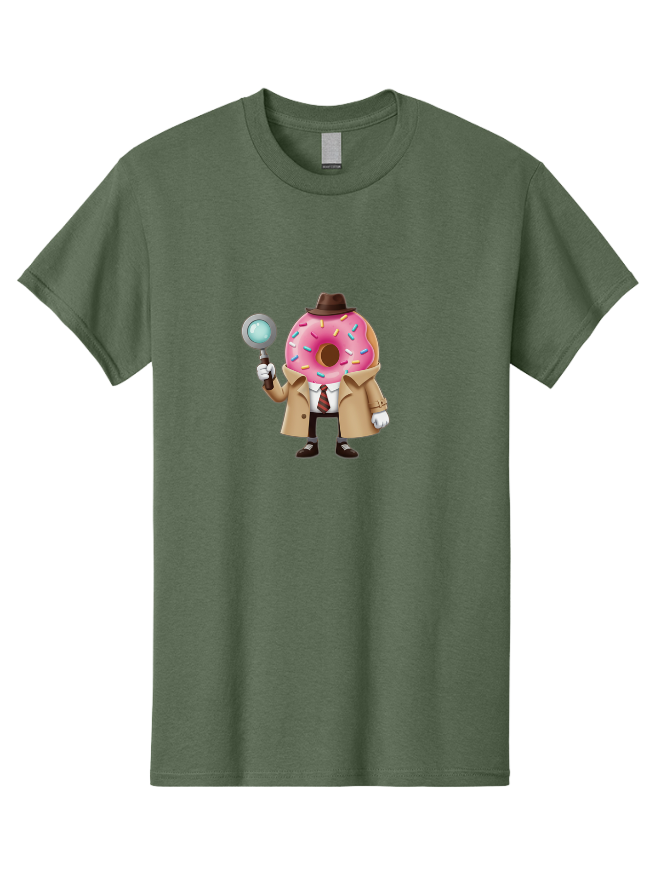Donut-Detective Men'S Graphic Tee, 100% Cotton, Comfortable Casual Summer Wear, Machine Washable, Detective Donut, Pink Frosted Donut, Sprinkles, Magnifying Glass, Detective Clothes, Trench Coat, Fedora Hat, Cartoon Character, Mystery Solving, Baa504