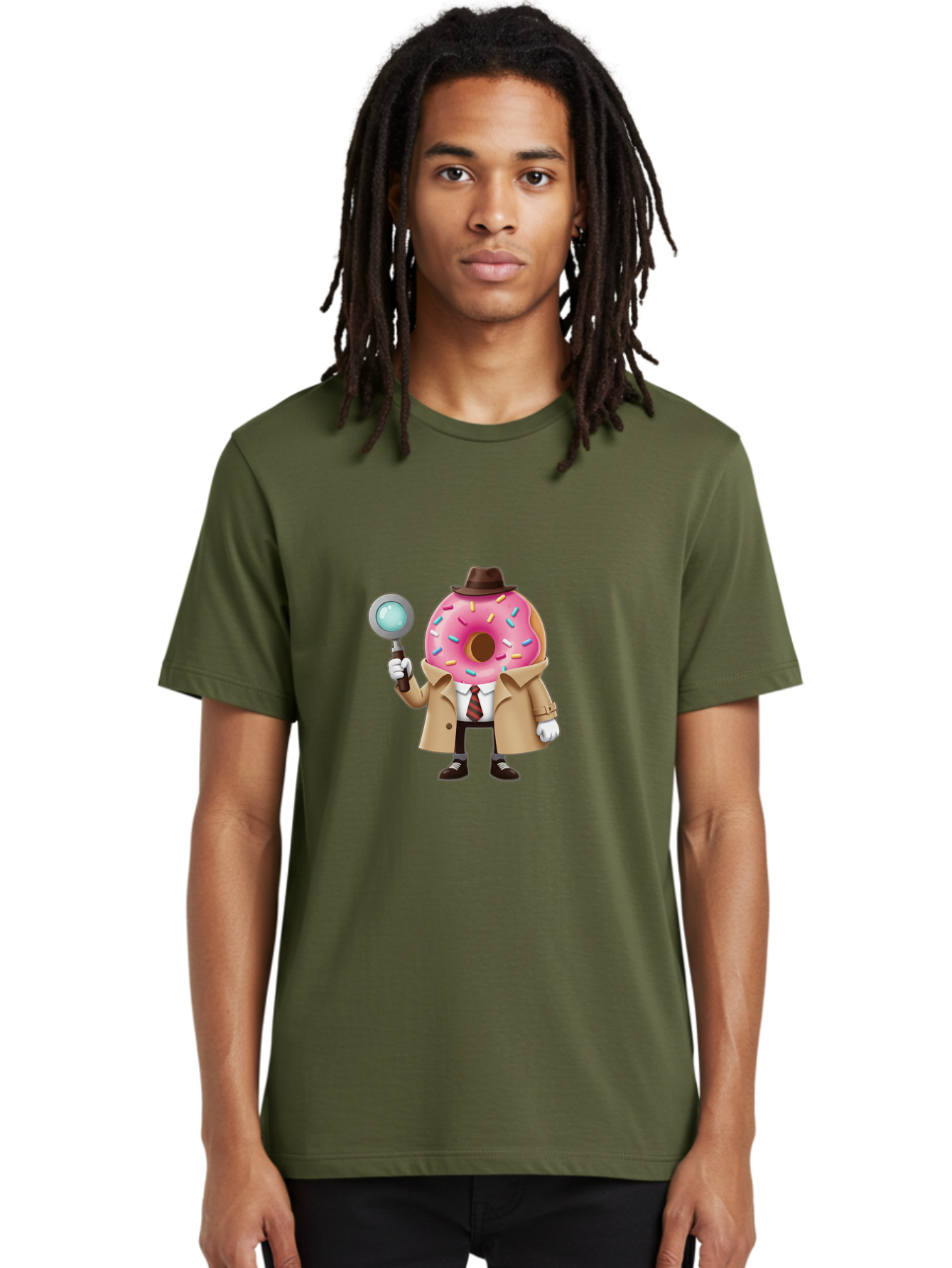 Donut-Detective Men'S Graphic Tee, 100% Cotton, Comfortable Casual Summer Wear, Machine Washable, Detective Donut, Pink Frosted Donut, Sprinkles, Magnifying Glass, Detective Clothes, Trench Coat, Fedora Hat, Cartoon Character, Mystery Solving, Baa504