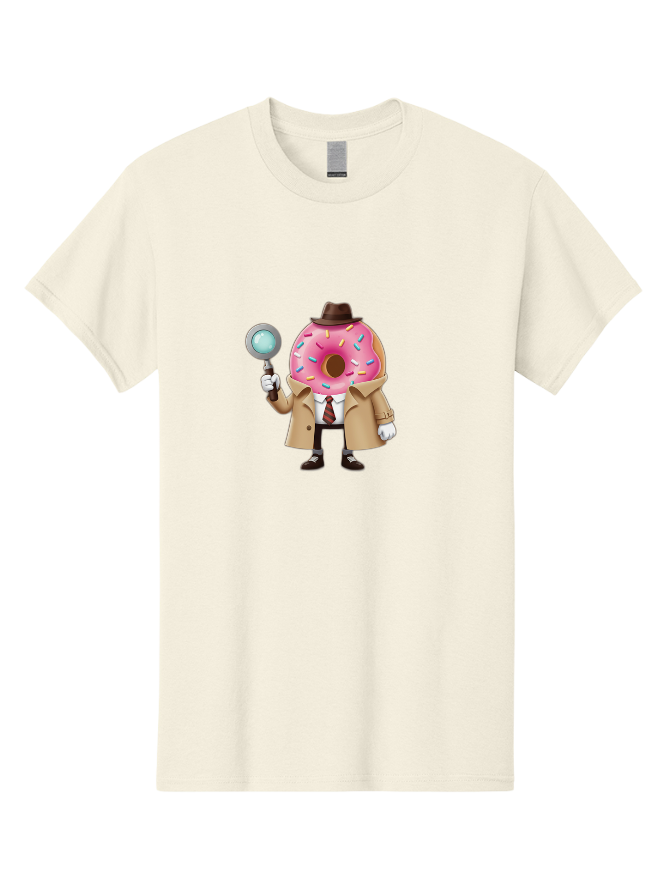 Donut-Detective Men'S Graphic Tee, 100% Cotton, Comfortable Casual Summer Wear, Machine Washable, Detective Donut, Pink Frosted Donut, Sprinkles, Magnifying Glass, Detective Clothes, Trench Coat, Fedora Hat, Cartoon Character, Mystery Solving, Baa504