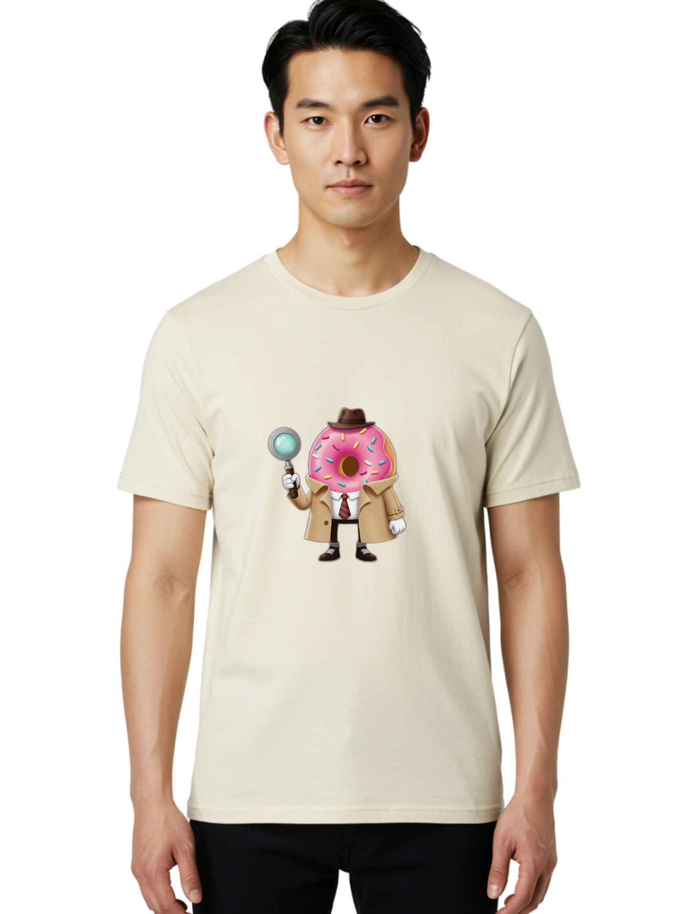 Donut-Detective Men'S Graphic Tee, 100% Cotton, Comfortable Casual Summer Wear, Machine Washable, Detective Donut, Pink Frosted Donut, Sprinkles, Magnifying Glass, Detective Clothes, Trench Coat, Fedora Hat, Cartoon Character, Mystery Solving, Baa504