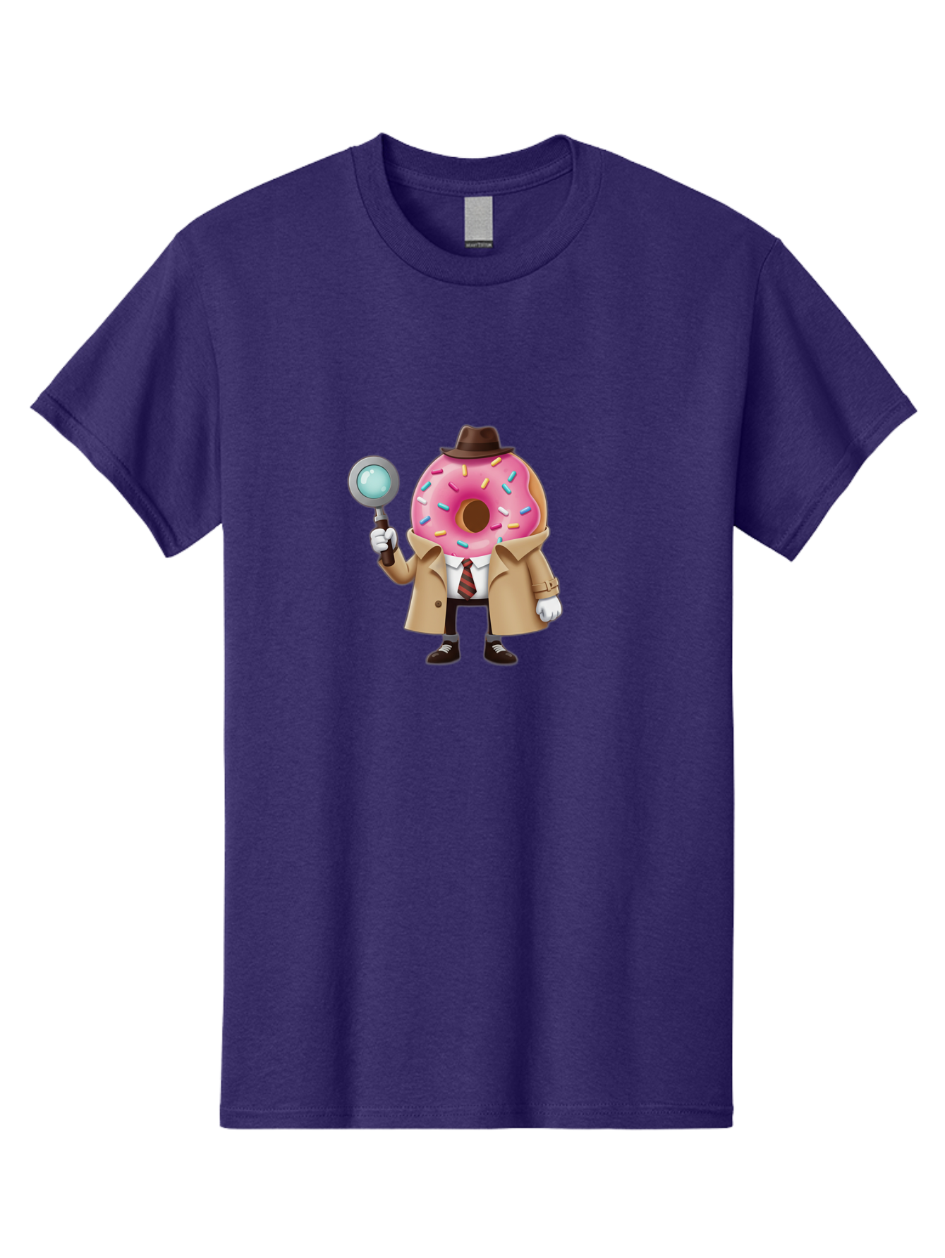 Donut-Detective Men'S Graphic Tee, 100% Cotton, Comfortable Casual Summer Wear, Machine Washable, Detective Donut, Pink Frosted Donut, Sprinkles, Magnifying Glass, Detective Clothes, Trench Coat, Fedora Hat, Cartoon Character, Mystery Solving, Baa504