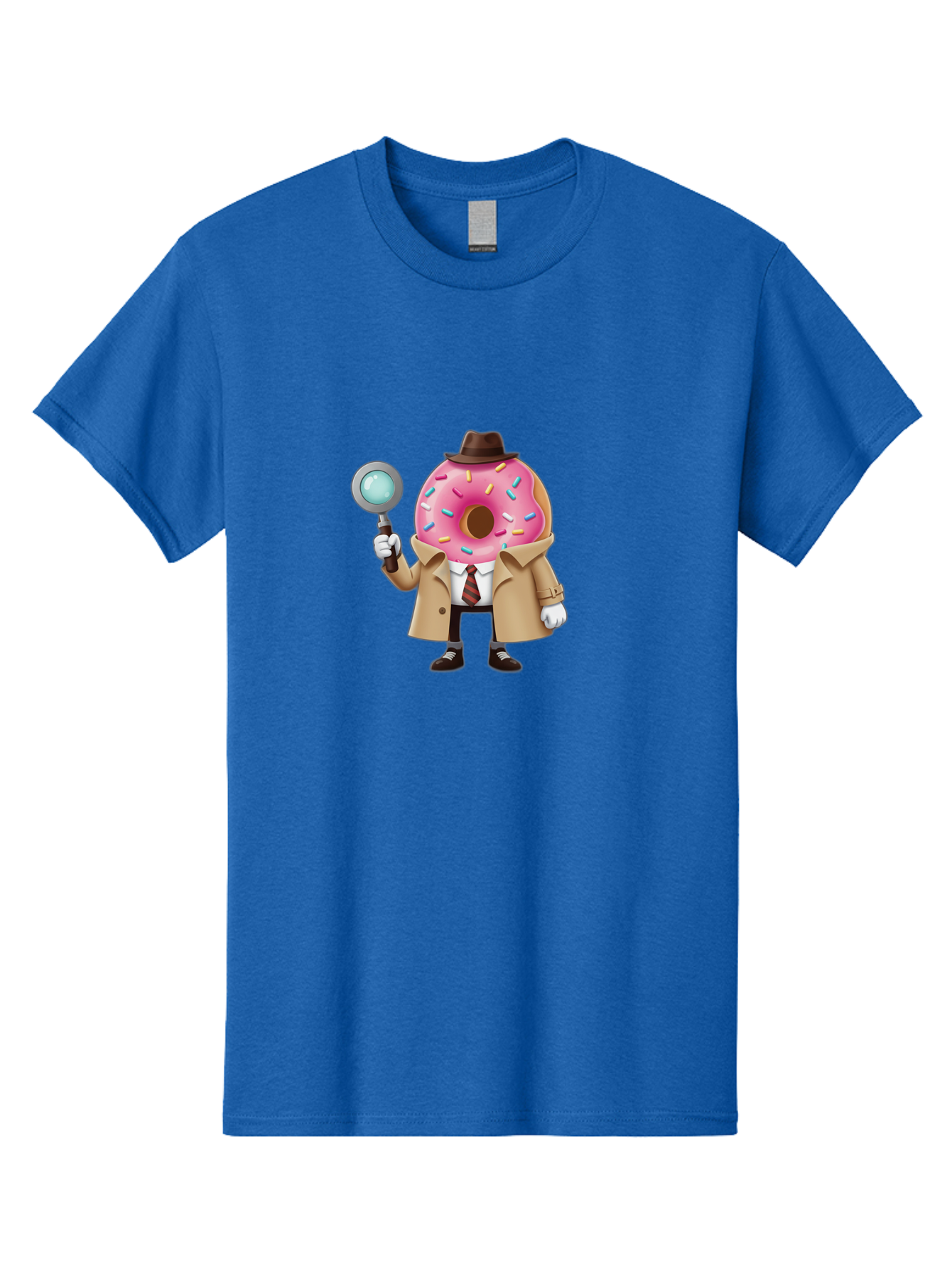 Donut-Detective Men'S Graphic Tee, 100% Cotton, Comfortable Casual Summer Wear, Machine Washable, Detective Donut, Pink Frosted Donut, Sprinkles, Magnifying Glass, Detective Clothes, Trench Coat, Fedora Hat, Cartoon Character, Mystery Solving, Baa504