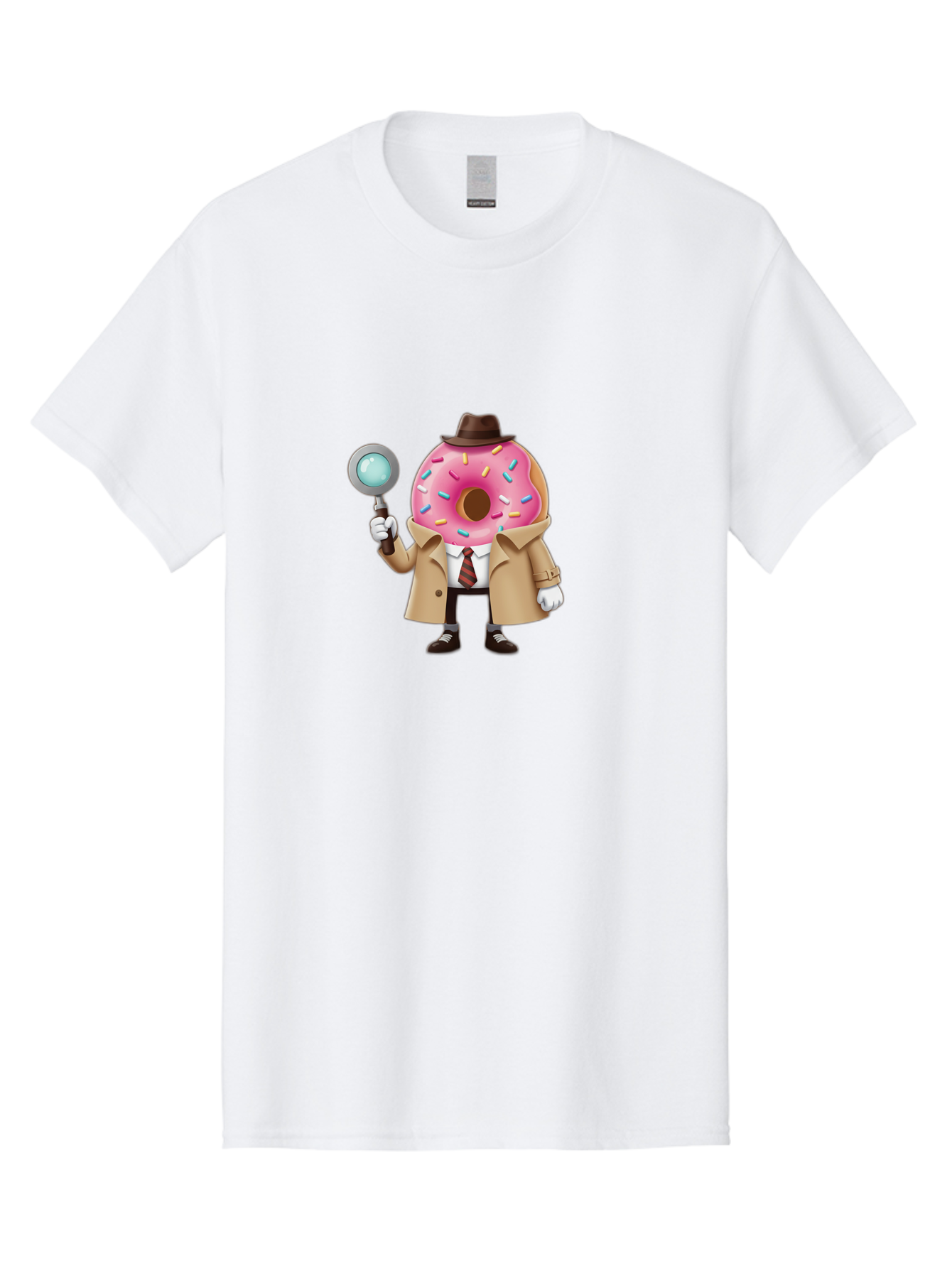 Donut-Detective Men'S Graphic Tee, 100% Cotton, Comfortable Casual Summer Wear, Machine Washable, Detective Donut, Pink Frosted Donut, Sprinkles, Magnifying Glass, Detective Clothes, Trench Coat, Fedora Hat, Cartoon Character, Mystery Solving, Baa504