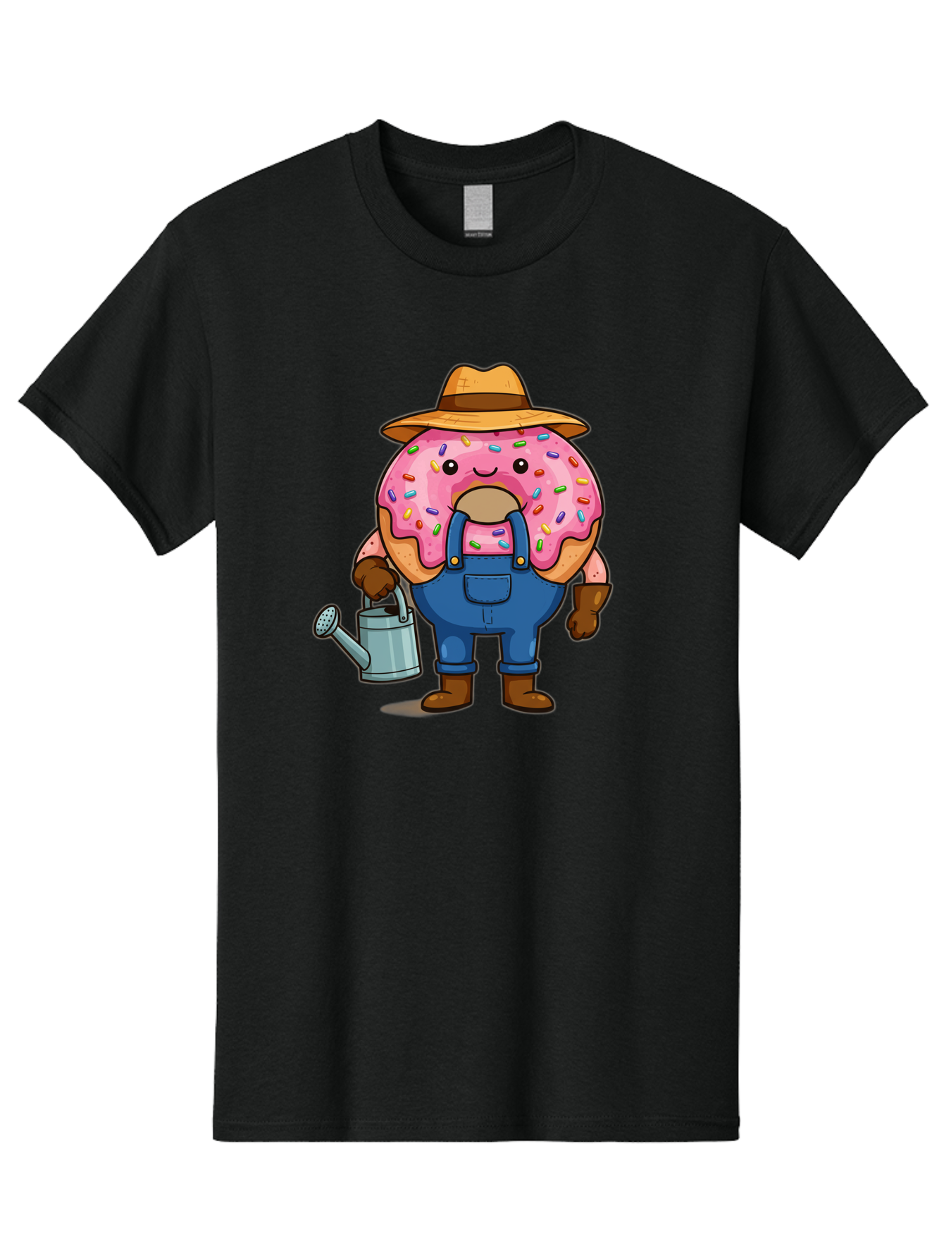 Donut-Farmer Men'S Graphic Tee, 100% Cotton, Comfortable Casual Summer Wear, Machine Washable, Donut Character, Farmer Illustration, Watering Can, Blue Overalls, Brown Boots, Hat, Rainbow Sprinkles, Pink Frosting, Cartoon Style, Baa506