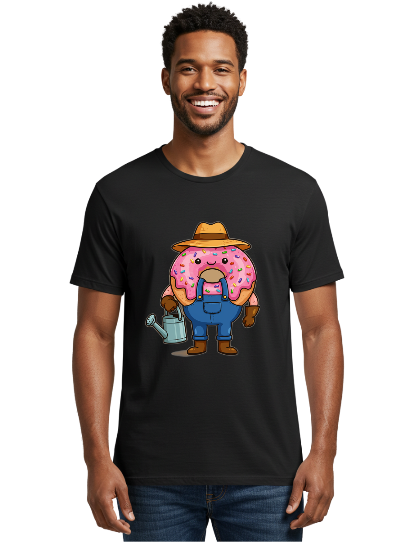 Donut-Farmer Men'S Graphic Tee, 100% Cotton, Comfortable Casual Summer Wear, Machine Washable, Donut Character, Farmer Illustration, Watering Can, Blue Overalls, Brown Boots, Hat, Rainbow Sprinkles, Pink Frosting, Cartoon Style, Baa506