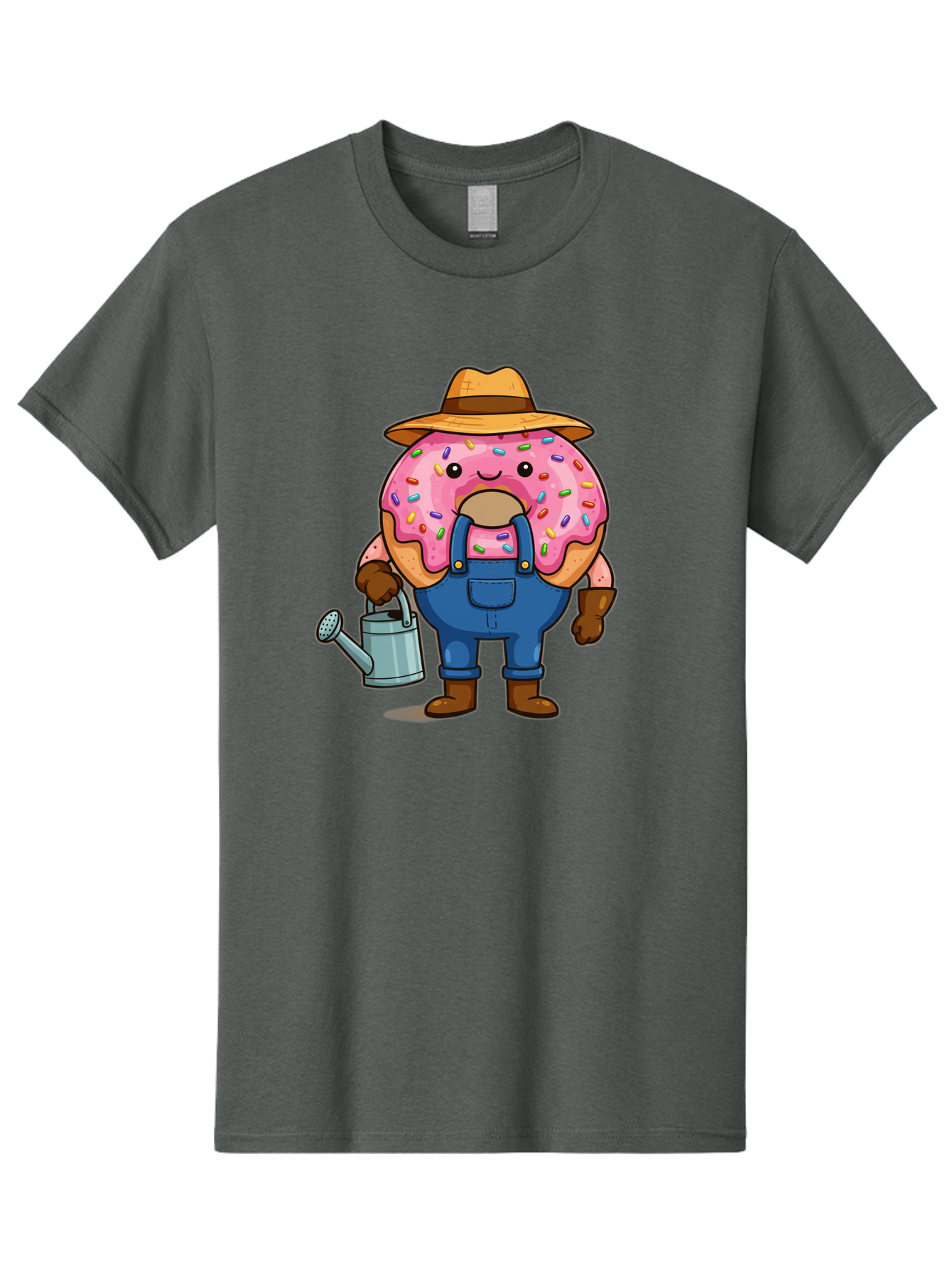 Donut-Farmer Men'S Graphic Tee, 100% Cotton, Comfortable Casual Summer Wear, Machine Washable, Donut Character, Farmer Illustration, Watering Can, Blue Overalls, Brown Boots, Hat, Rainbow Sprinkles, Pink Frosting, Cartoon Style, Baa506
