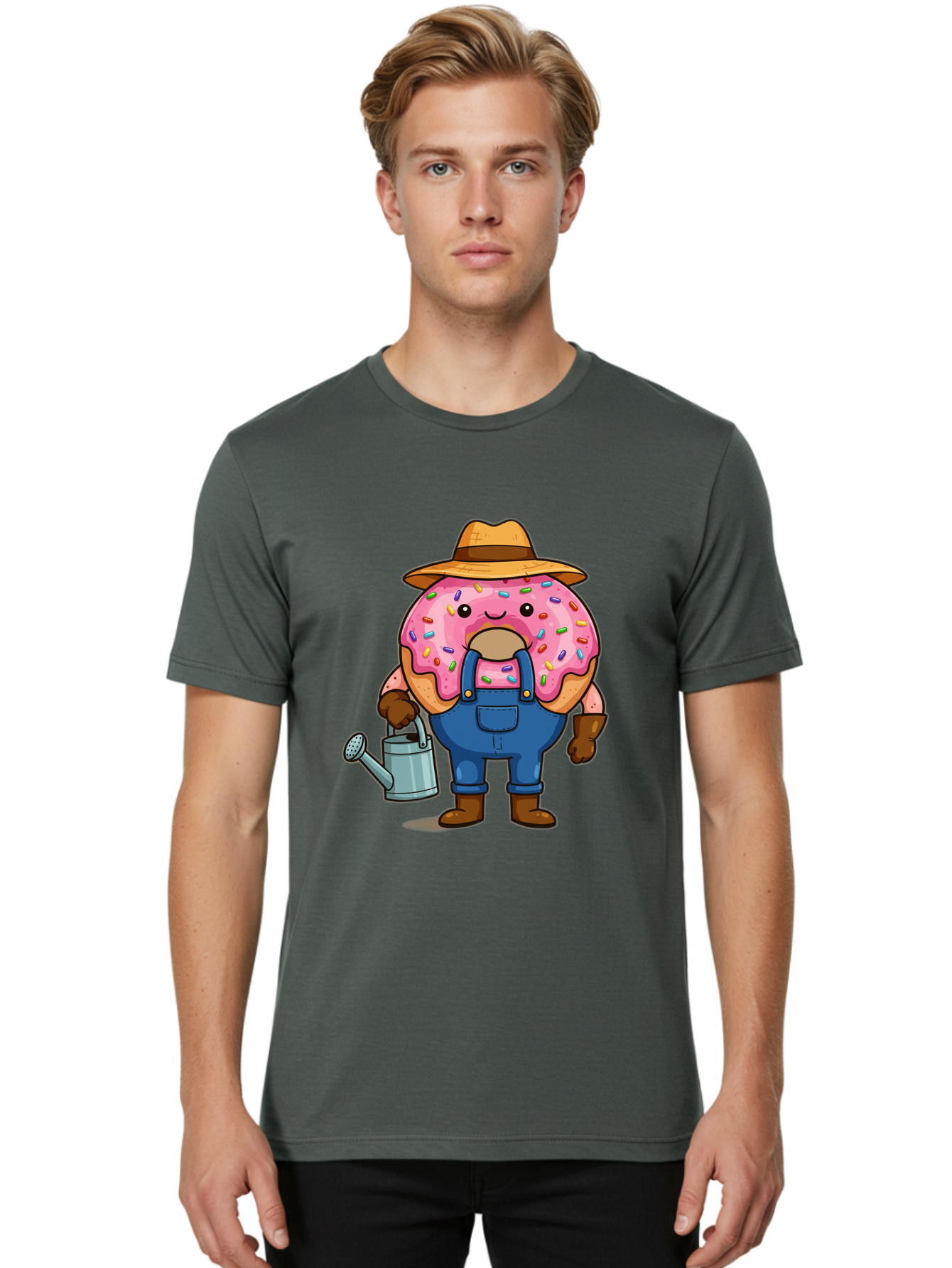 Donut-Farmer Men'S Graphic Tee, 100% Cotton, Comfortable Casual Summer Wear, Machine Washable, Donut Character, Farmer Illustration, Watering Can, Blue Overalls, Brown Boots, Hat, Rainbow Sprinkles, Pink Frosting, Cartoon Style, Baa506