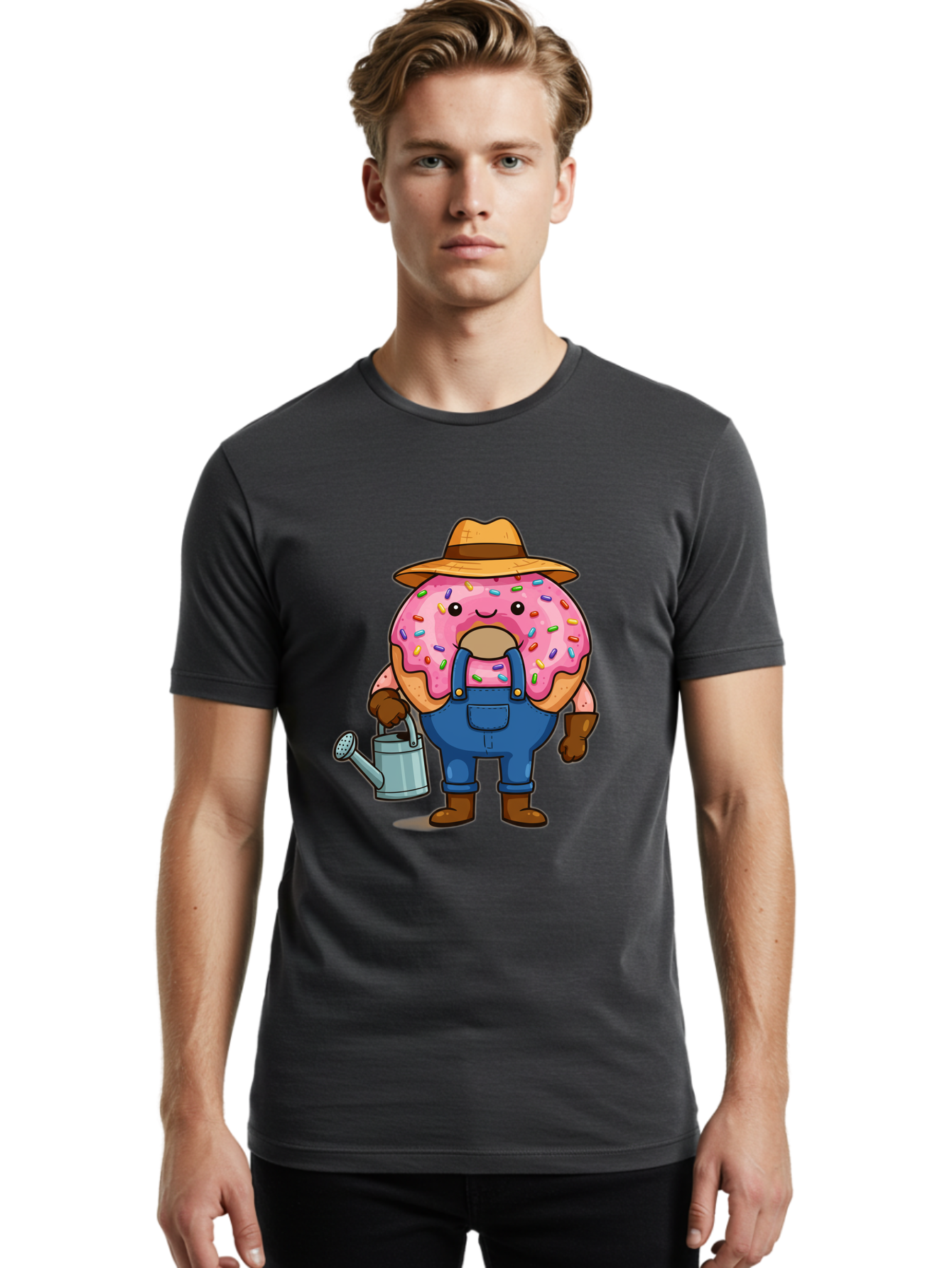 Donut-Farmer Men'S Graphic Tee, 100% Cotton, Comfortable Casual Summer Wear, Machine Washable, Donut Character, Farmer Illustration, Watering Can, Blue Overalls, Brown Boots, Hat, Rainbow Sprinkles, Pink Frosting, Cartoon Style, Baa506