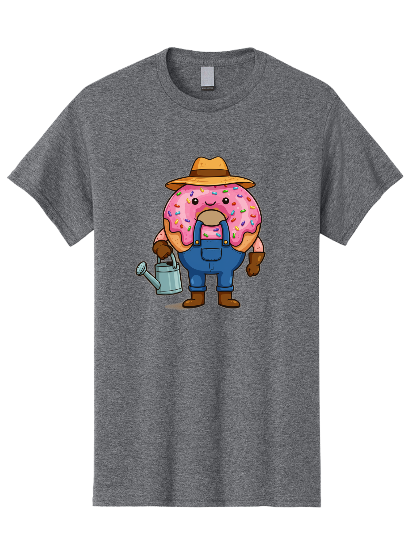 Donut-Farmer Men'S Graphic Tee, 100% Cotton, Comfortable Casual Summer Wear, Machine Washable, Donut Character, Farmer Illustration, Watering Can, Blue Overalls, Brown Boots, Hat, Rainbow Sprinkles, Pink Frosting, Cartoon Style, Baa506