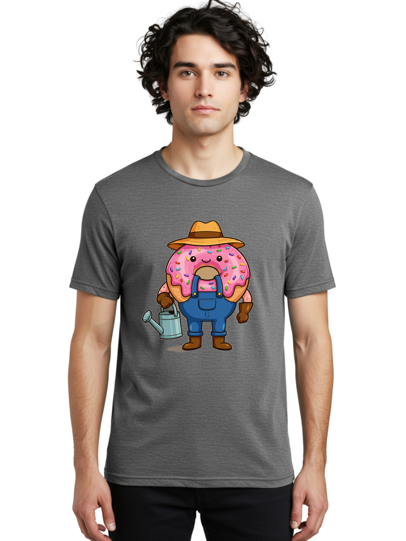 Donut-Farmer Men'S Graphic Tee, 100% Cotton, Comfortable Casual Summer Wear, Machine Washable, Donut Character, Farmer Illustration, Watering Can, Blue Overalls, Brown Boots, Hat, Rainbow Sprinkles, Pink Frosting, Cartoon Style, Baa506
