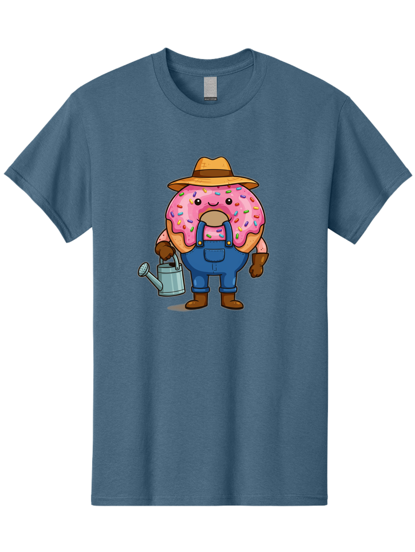 Donut-Farmer Men'S Graphic Tee, 100% Cotton, Comfortable Casual Summer Wear, Machine Washable, Donut Character, Farmer Illustration, Watering Can, Blue Overalls, Brown Boots, Hat, Rainbow Sprinkles, Pink Frosting, Cartoon Style, Baa506