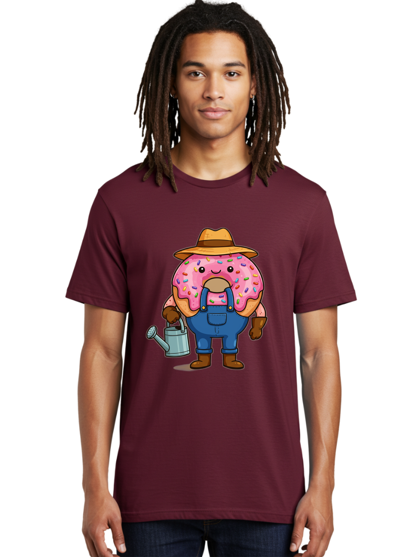 Donut-Farmer Men'S Graphic Tee, 100% Cotton, Comfortable Casual Summer Wear, Machine Washable, Donut Character, Farmer Illustration, Watering Can, Blue Overalls, Brown Boots, Hat, Rainbow Sprinkles, Pink Frosting, Cartoon Style, Baa506