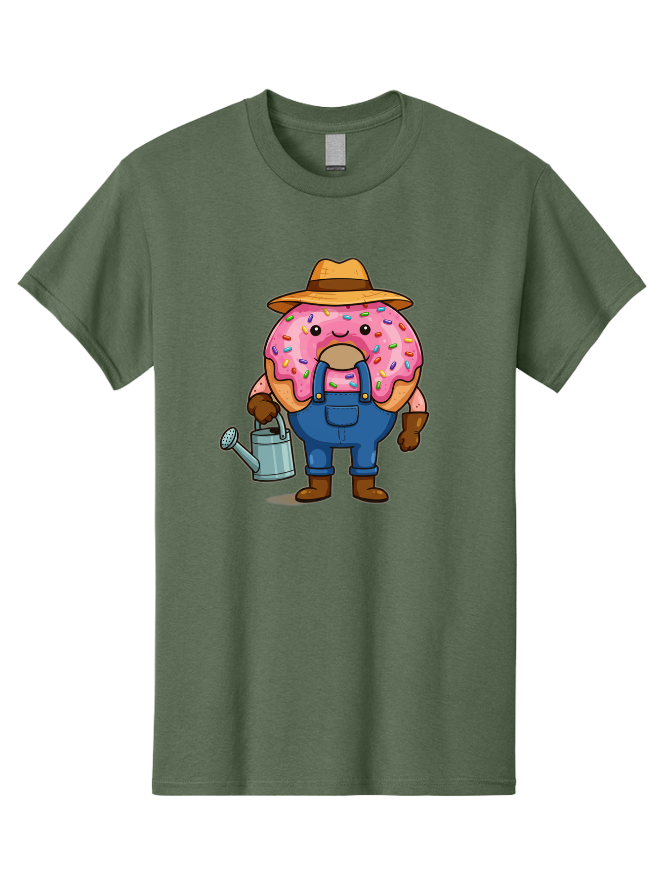 Donut-Farmer Men'S Graphic Tee, 100% Cotton, Comfortable Casual Summer Wear, Machine Washable, Donut Character, Farmer Illustration, Watering Can, Blue Overalls, Brown Boots, Hat, Rainbow Sprinkles, Pink Frosting, Cartoon Style, Baa506