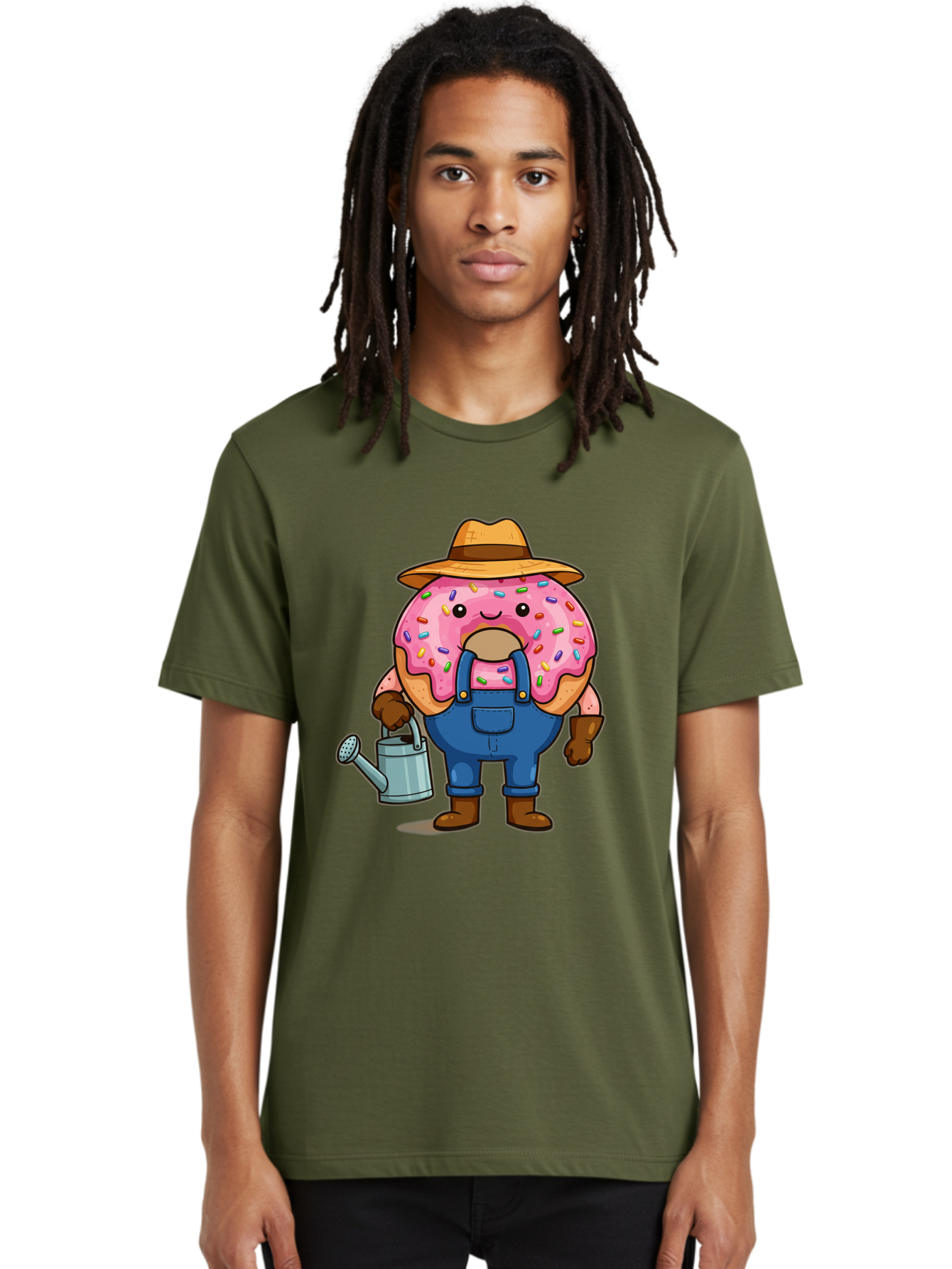 Donut-Farmer Men'S Graphic Tee, 100% Cotton, Comfortable Casual Summer Wear, Machine Washable, Donut Character, Farmer Illustration, Watering Can, Blue Overalls, Brown Boots, Hat, Rainbow Sprinkles, Pink Frosting, Cartoon Style, Baa506