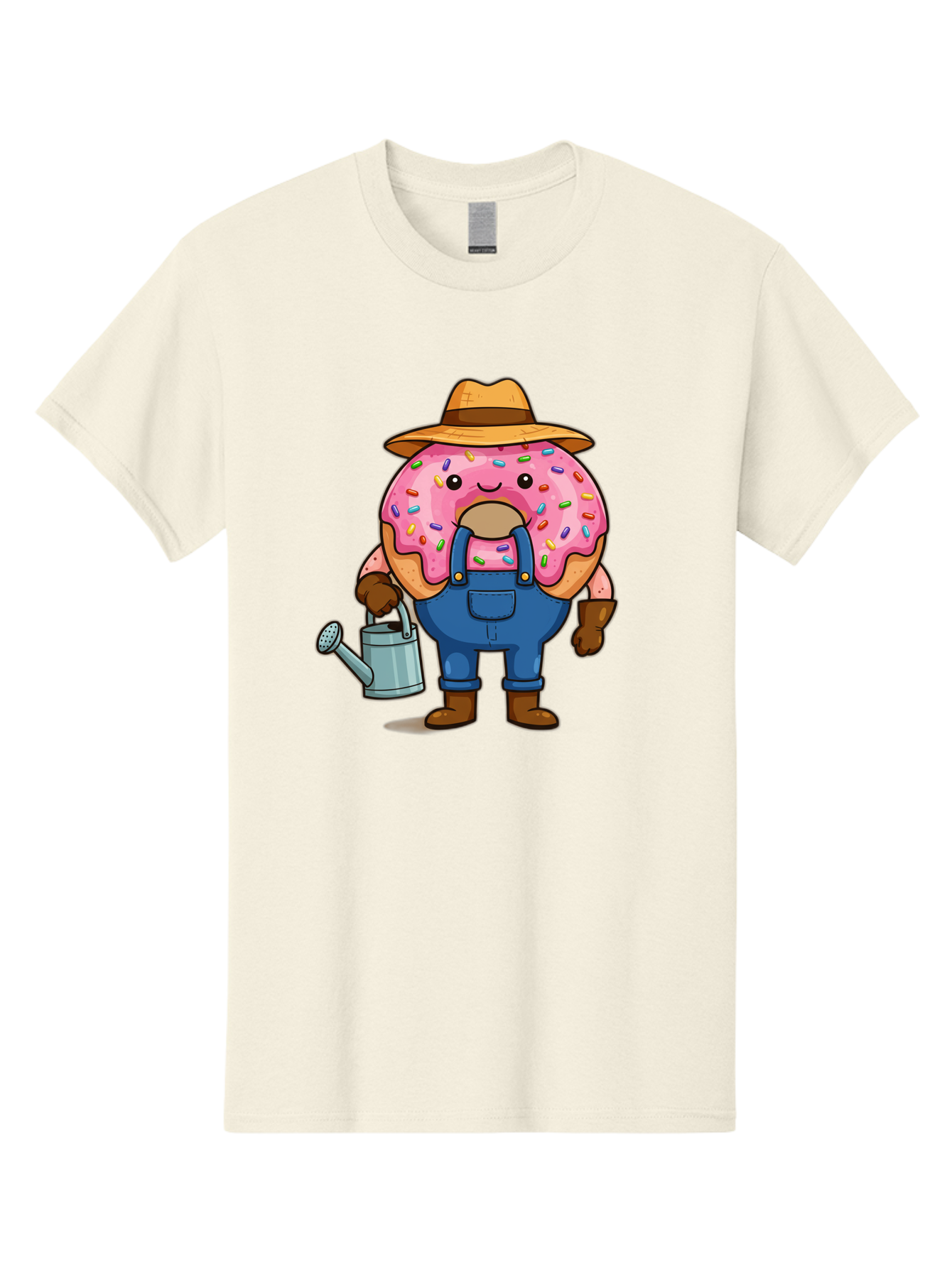 Donut-Farmer Men'S Graphic Tee, 100% Cotton, Comfortable Casual Summer Wear, Machine Washable, Donut Character, Farmer Illustration, Watering Can, Blue Overalls, Brown Boots, Hat, Rainbow Sprinkles, Pink Frosting, Cartoon Style, Baa506