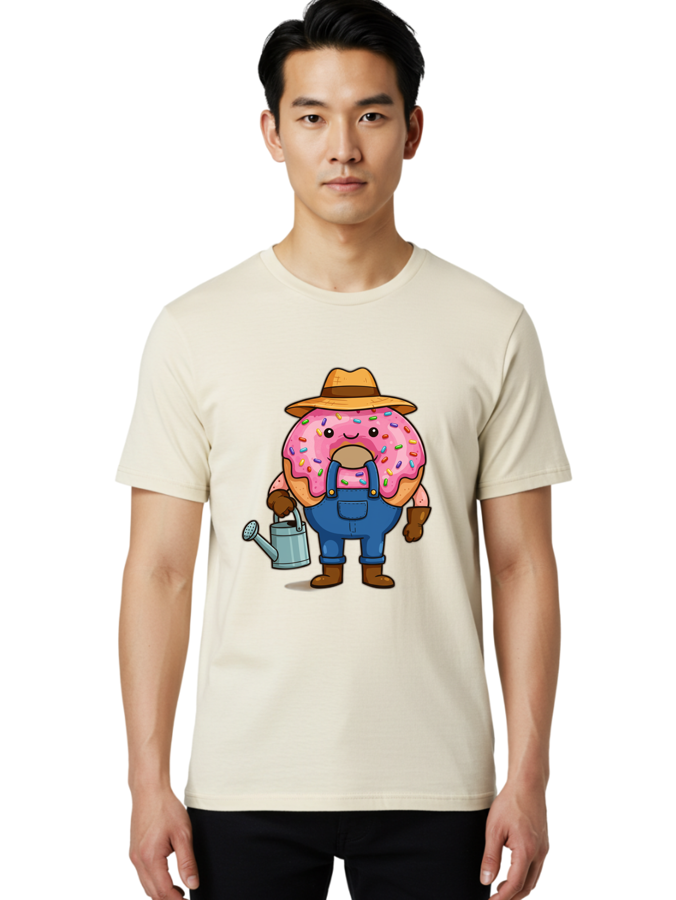 Donut-Farmer Men'S Graphic Tee, 100% Cotton, Comfortable Casual Summer Wear, Machine Washable, Donut Character, Farmer Illustration, Watering Can, Blue Overalls, Brown Boots, Hat, Rainbow Sprinkles, Pink Frosting, Cartoon Style, Baa506