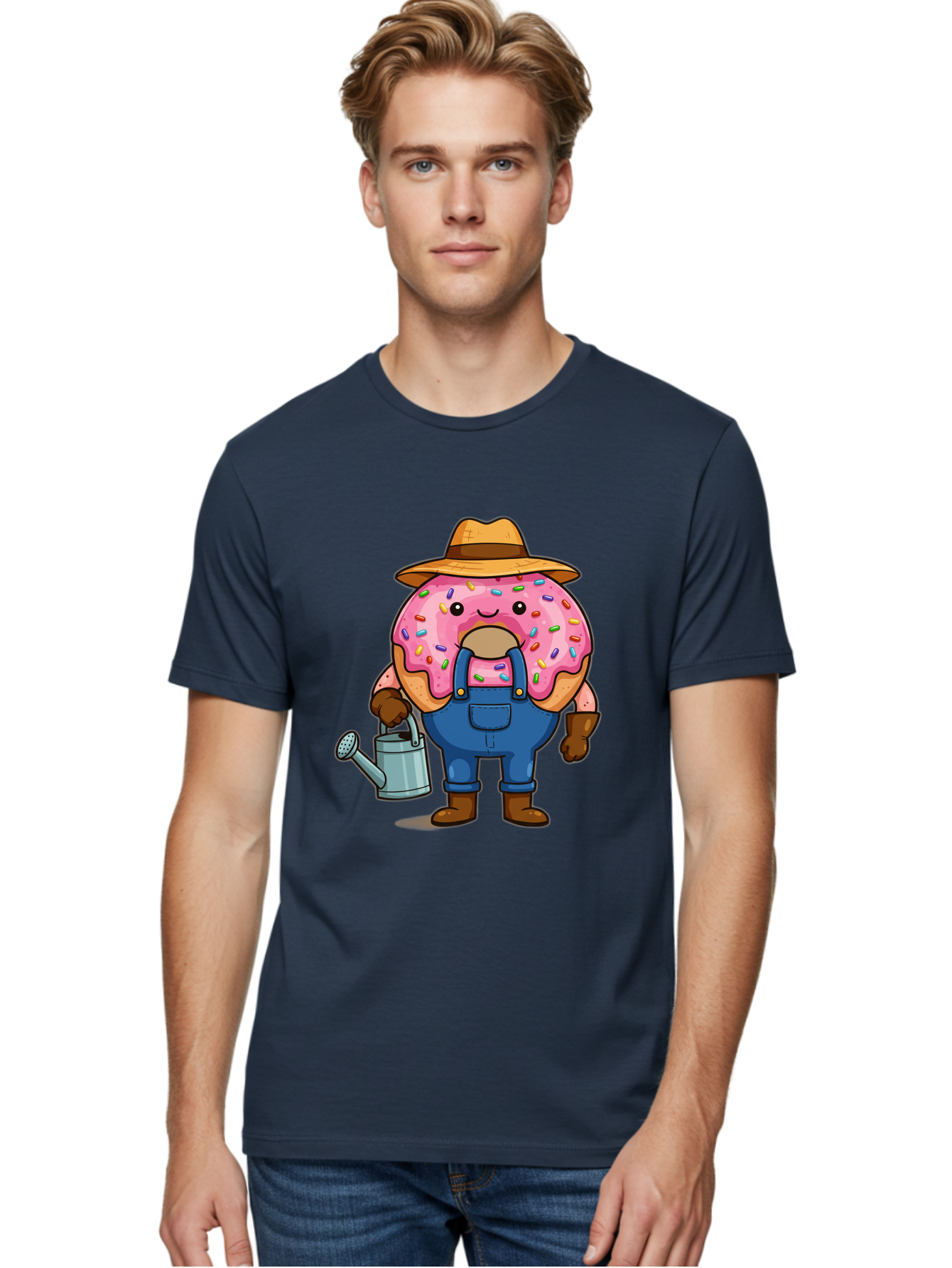 Donut-Farmer Men'S Graphic Tee, 100% Cotton, Comfortable Casual Summer Wear, Machine Washable, Donut Character, Farmer Illustration, Watering Can, Blue Overalls, Brown Boots, Hat, Rainbow Sprinkles, Pink Frosting, Cartoon Style, Baa506