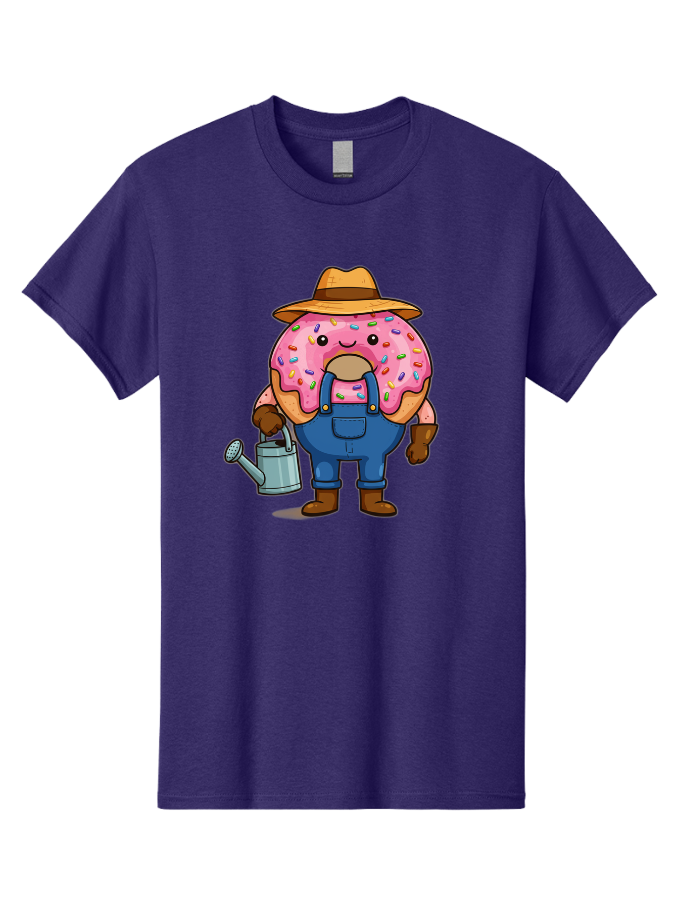 Donut-Farmer Men'S Graphic Tee, 100% Cotton, Comfortable Casual Summer Wear, Machine Washable, Donut Character, Farmer Illustration, Watering Can, Blue Overalls, Brown Boots, Hat, Rainbow Sprinkles, Pink Frosting, Cartoon Style, Baa506