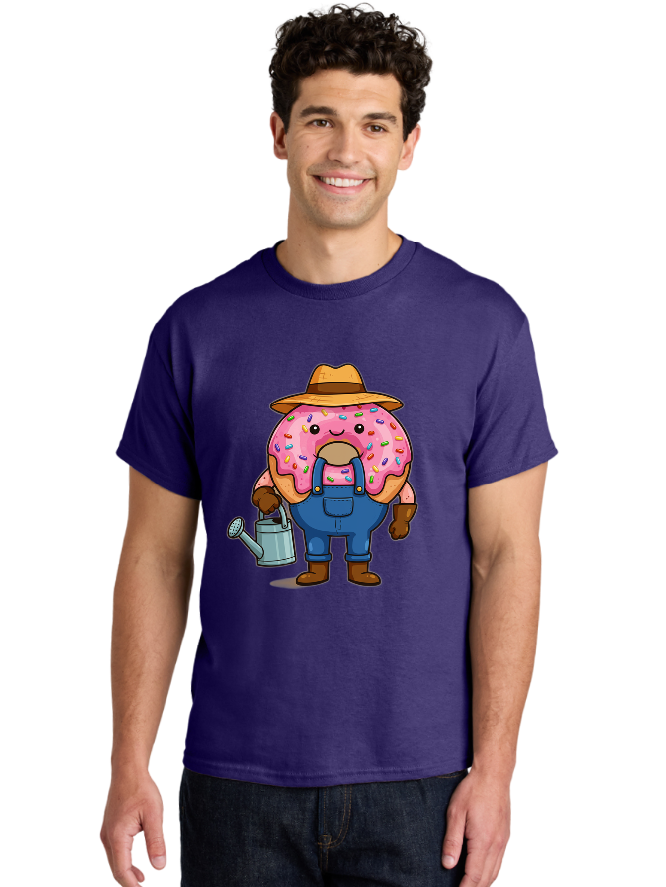 Donut-Farmer Men'S Graphic Tee, 100% Cotton, Comfortable Casual Summer Wear, Machine Washable, Donut Character, Farmer Illustration, Watering Can, Blue Overalls, Brown Boots, Hat, Rainbow Sprinkles, Pink Frosting, Cartoon Style, Baa506