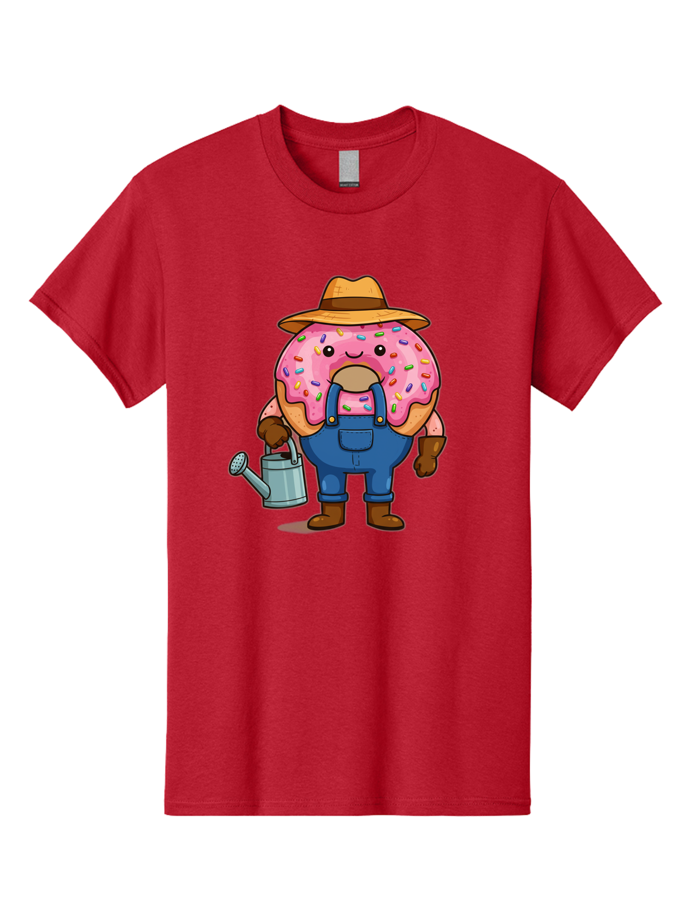 Donut-Farmer Men'S Graphic Tee, 100% Cotton, Comfortable Casual Summer Wear, Machine Washable, Donut Character, Farmer Illustration, Watering Can, Blue Overalls, Brown Boots, Hat, Rainbow Sprinkles, Pink Frosting, Cartoon Style, Baa506