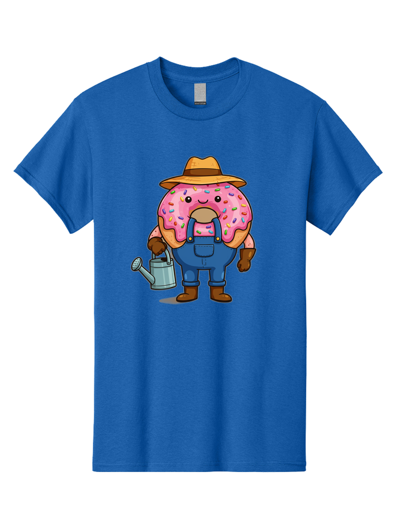 Donut-Farmer Men'S Graphic Tee, 100% Cotton, Comfortable Casual Summer Wear, Machine Washable, Donut Character, Farmer Illustration, Watering Can, Blue Overalls, Brown Boots, Hat, Rainbow Sprinkles, Pink Frosting, Cartoon Style, Baa506