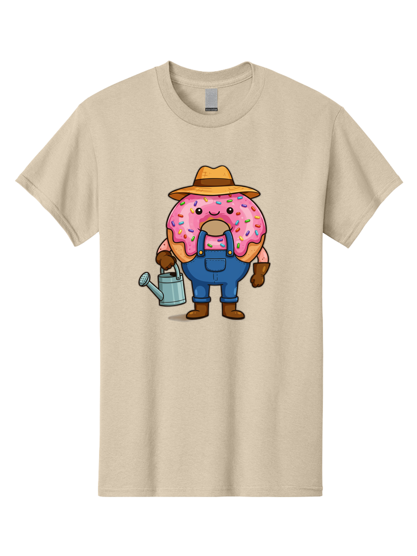 Donut-Farmer Men'S Graphic Tee, 100% Cotton, Comfortable Casual Summer Wear, Machine Washable, Donut Character, Farmer Illustration, Watering Can, Blue Overalls, Brown Boots, Hat, Rainbow Sprinkles, Pink Frosting, Cartoon Style, Baa506