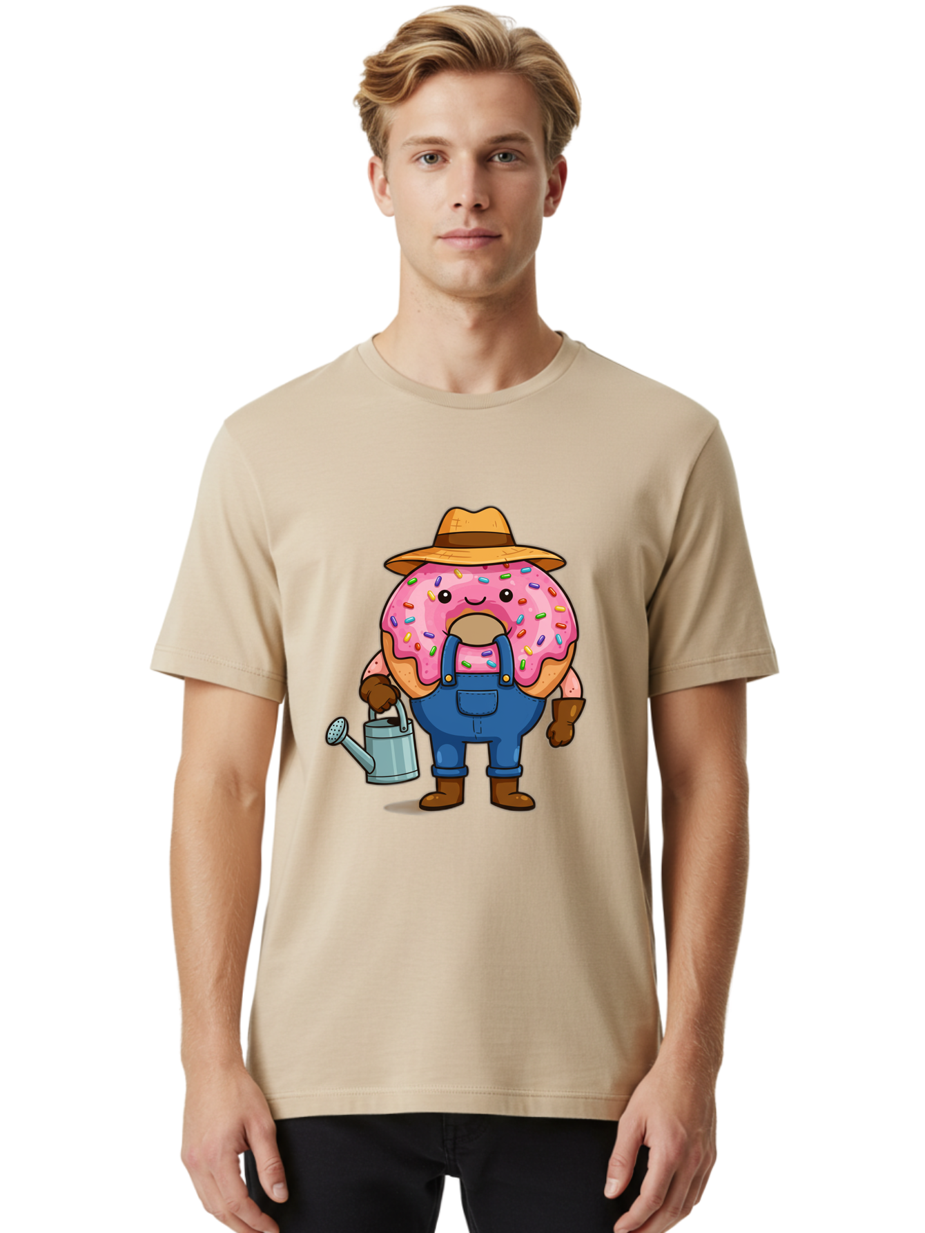Donut-Farmer Men'S Graphic Tee, 100% Cotton, Comfortable Casual Summer Wear, Machine Washable, Donut Character, Farmer Illustration, Watering Can, Blue Overalls, Brown Boots, Hat, Rainbow Sprinkles, Pink Frosting, Cartoon Style, Baa506