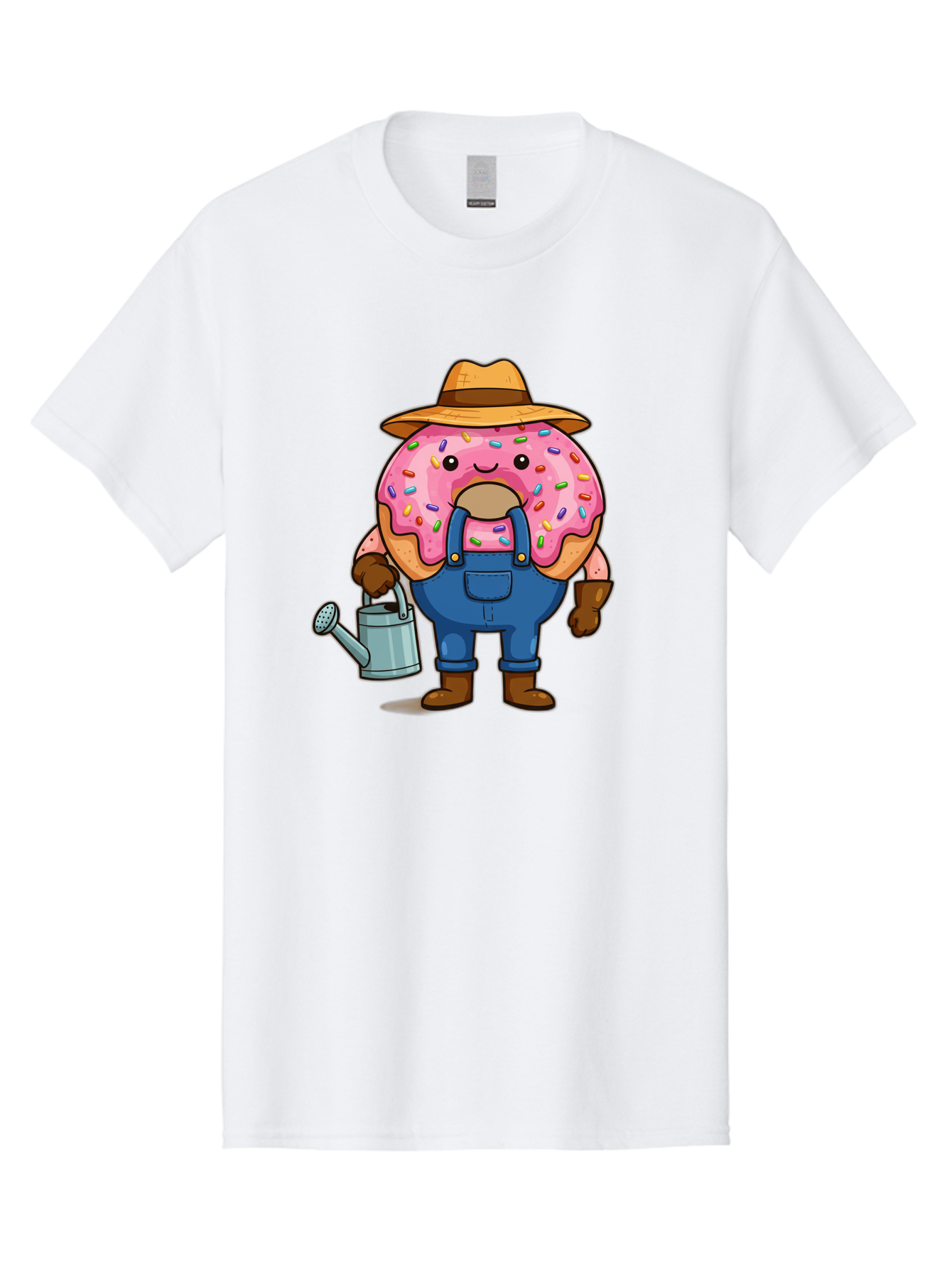 Donut-Farmer Men'S Graphic Tee, 100% Cotton, Comfortable Casual Summer Wear, Machine Washable, Donut Character, Farmer Illustration, Watering Can, Blue Overalls, Brown Boots, Hat, Rainbow Sprinkles, Pink Frosting, Cartoon Style, Baa506