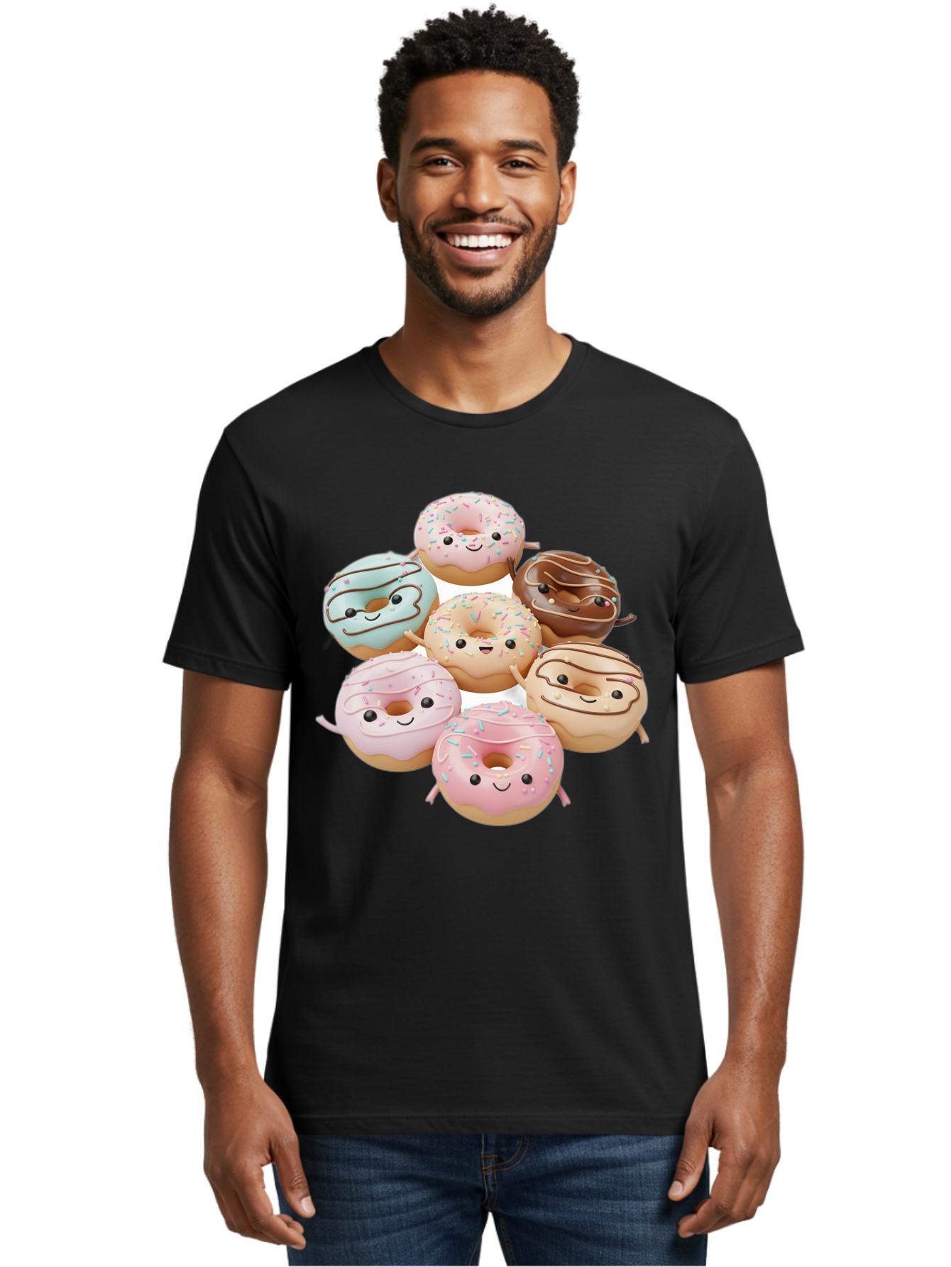 Donut-Friends Men'S Graphic Tee, 100% Cotton, Comfortable Casual Summer Wear, Machine Washable, Donuts With Faces, Adorable Donuts, Cartoon Donuts, Anthropomorphic Donuts, Plush Donuts, Donut Soft Toys, Colorful Donuts, Chocolate Donuts, Baa507
