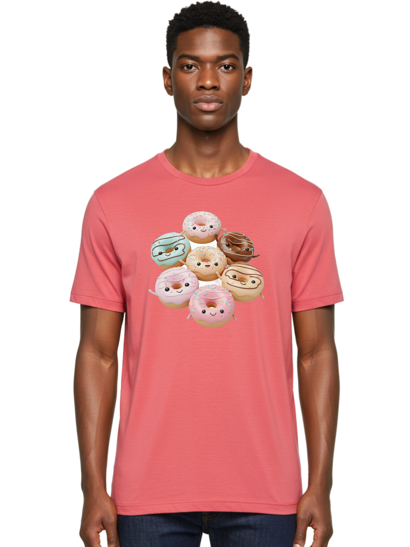 Donut-Friends Men'S Graphic Tee, 100% Cotton, Comfortable Casual Summer Wear, Machine Washable, Donuts With Faces, Adorable Donuts, Cartoon Donuts, Anthropomorphic Donuts, Plush Donuts, Donut Soft Toys, Colorful Donuts, Chocolate Donuts, Baa507