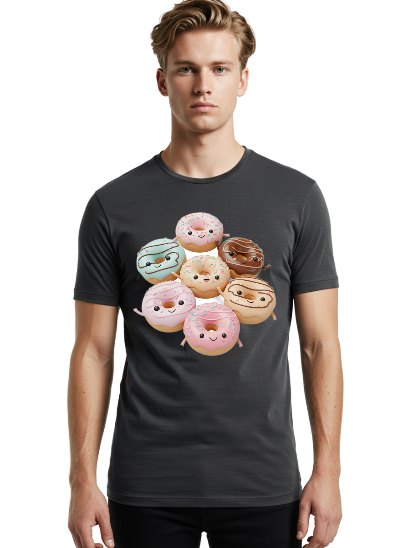 Donut-Friends Men'S Graphic Tee, 100% Cotton, Comfortable Casual Summer Wear, Machine Washable, Donuts With Faces, Adorable Donuts, Cartoon Donuts, Anthropomorphic Donuts, Plush Donuts, Donut Soft Toys, Colorful Donuts, Chocolate Donuts, Baa507