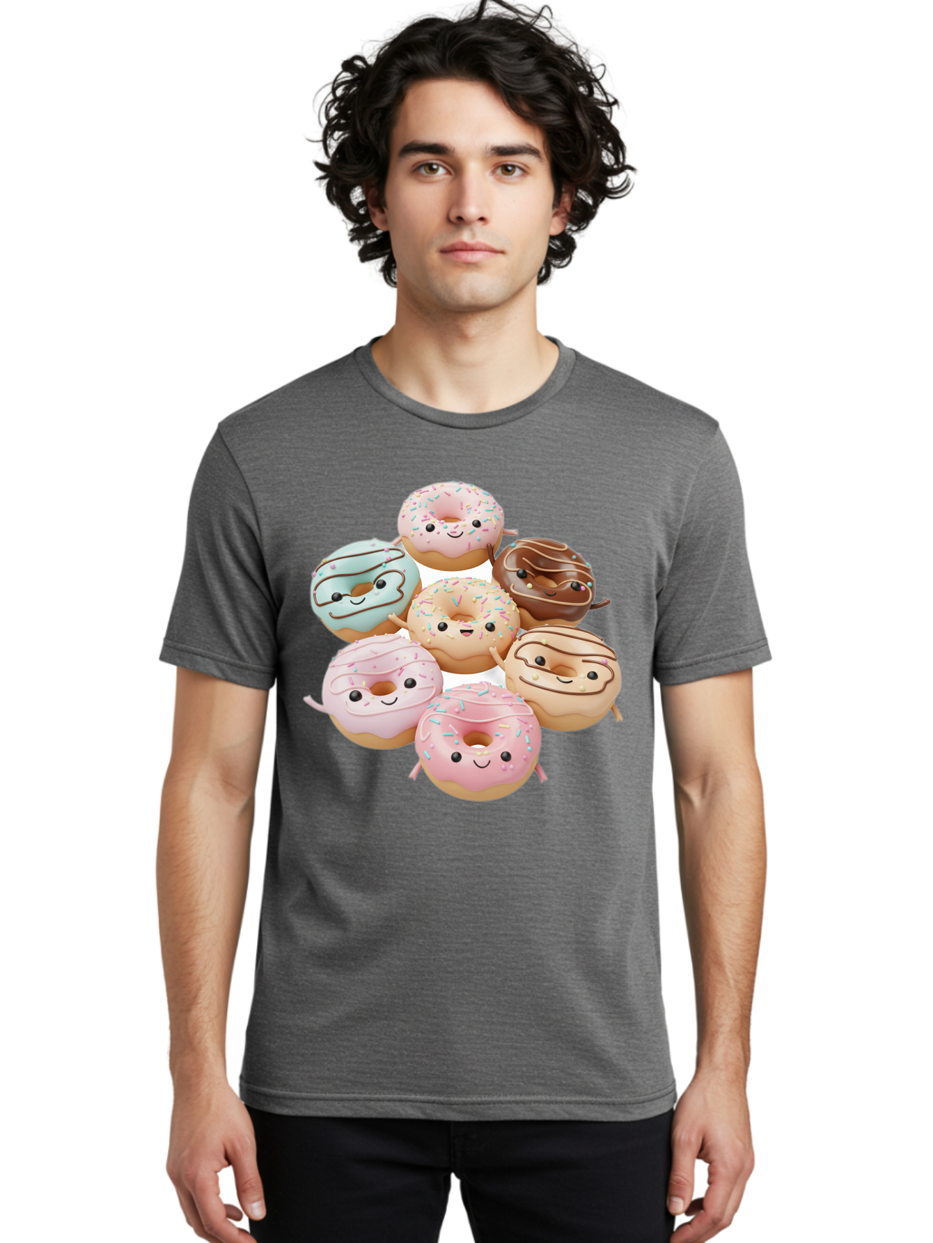 Donut-Friends Men'S Graphic Tee, 100% Cotton, Comfortable Casual Summer Wear, Machine Washable, Donuts With Faces, Adorable Donuts, Cartoon Donuts, Anthropomorphic Donuts, Plush Donuts, Donut Soft Toys, Colorful Donuts, Chocolate Donuts, Baa507