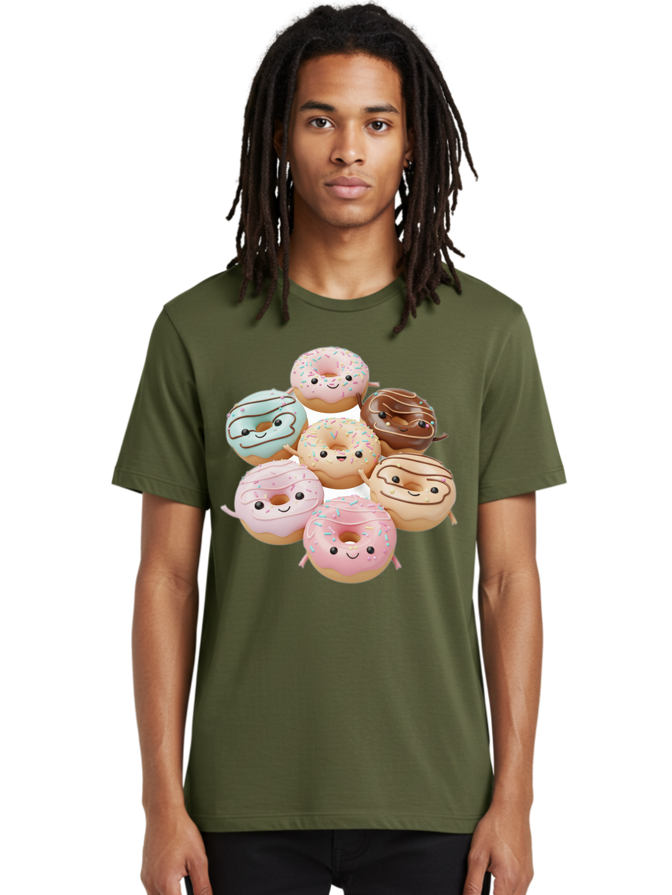 Donut-Friends Men'S Graphic Tee, 100% Cotton, Comfortable Casual Summer Wear, Machine Washable, Donuts With Faces, Adorable Donuts, Cartoon Donuts, Anthropomorphic Donuts, Plush Donuts, Donut Soft Toys, Colorful Donuts, Chocolate Donuts, Baa507