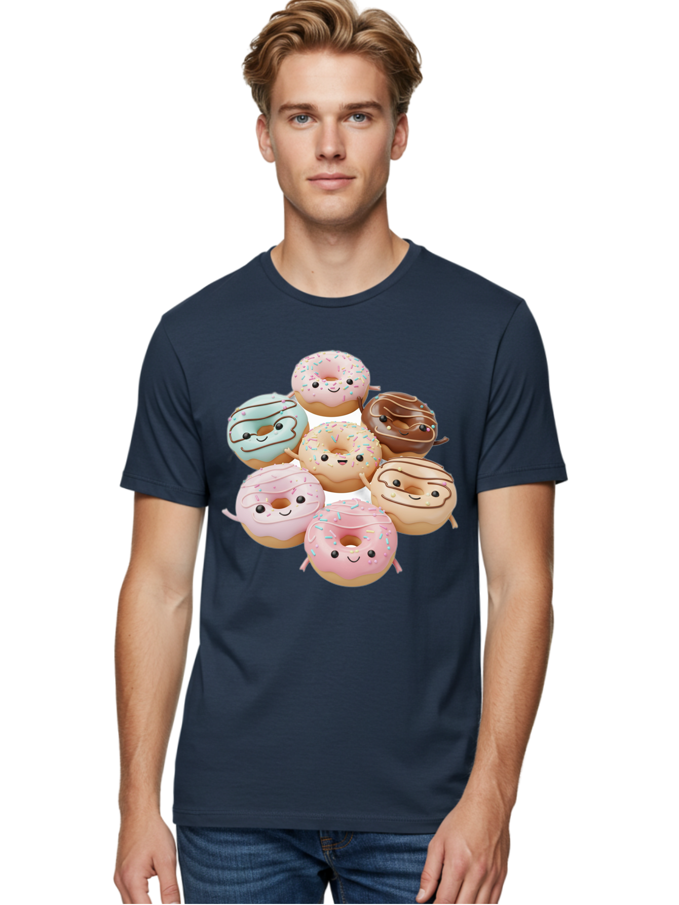 Donut-Friends Men'S Graphic Tee, 100% Cotton, Comfortable Casual Summer Wear, Machine Washable, Donuts With Faces, Adorable Donuts, Cartoon Donuts, Anthropomorphic Donuts, Plush Donuts, Donut Soft Toys, Colorful Donuts, Chocolate Donuts, Baa507