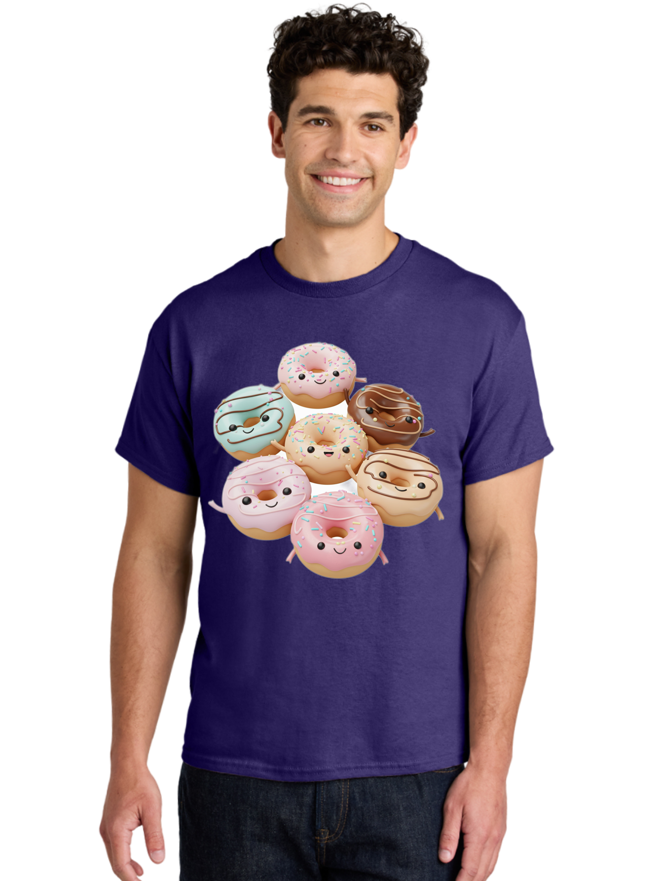 Donut-Friends Men'S Graphic Tee, 100% Cotton, Comfortable Casual Summer Wear, Machine Washable, Donuts With Faces, Adorable Donuts, Cartoon Donuts, Anthropomorphic Donuts, Plush Donuts, Donut Soft Toys, Colorful Donuts, Chocolate Donuts, Baa507